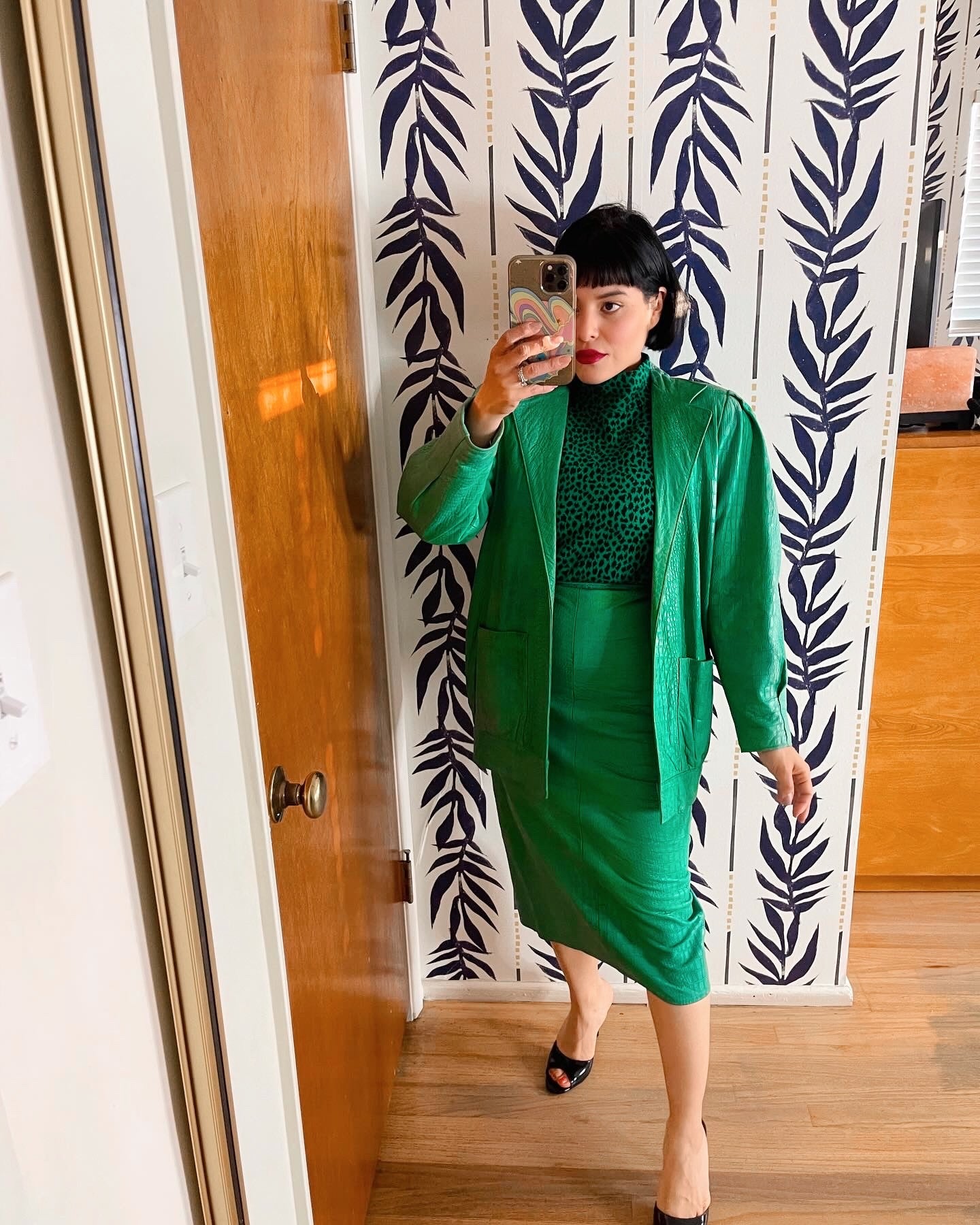 Vintage 3 Piece Set Leather Green Soft textured Jacket Skirt Blouse Set Fits Sizes XS-SM & Possible Size M