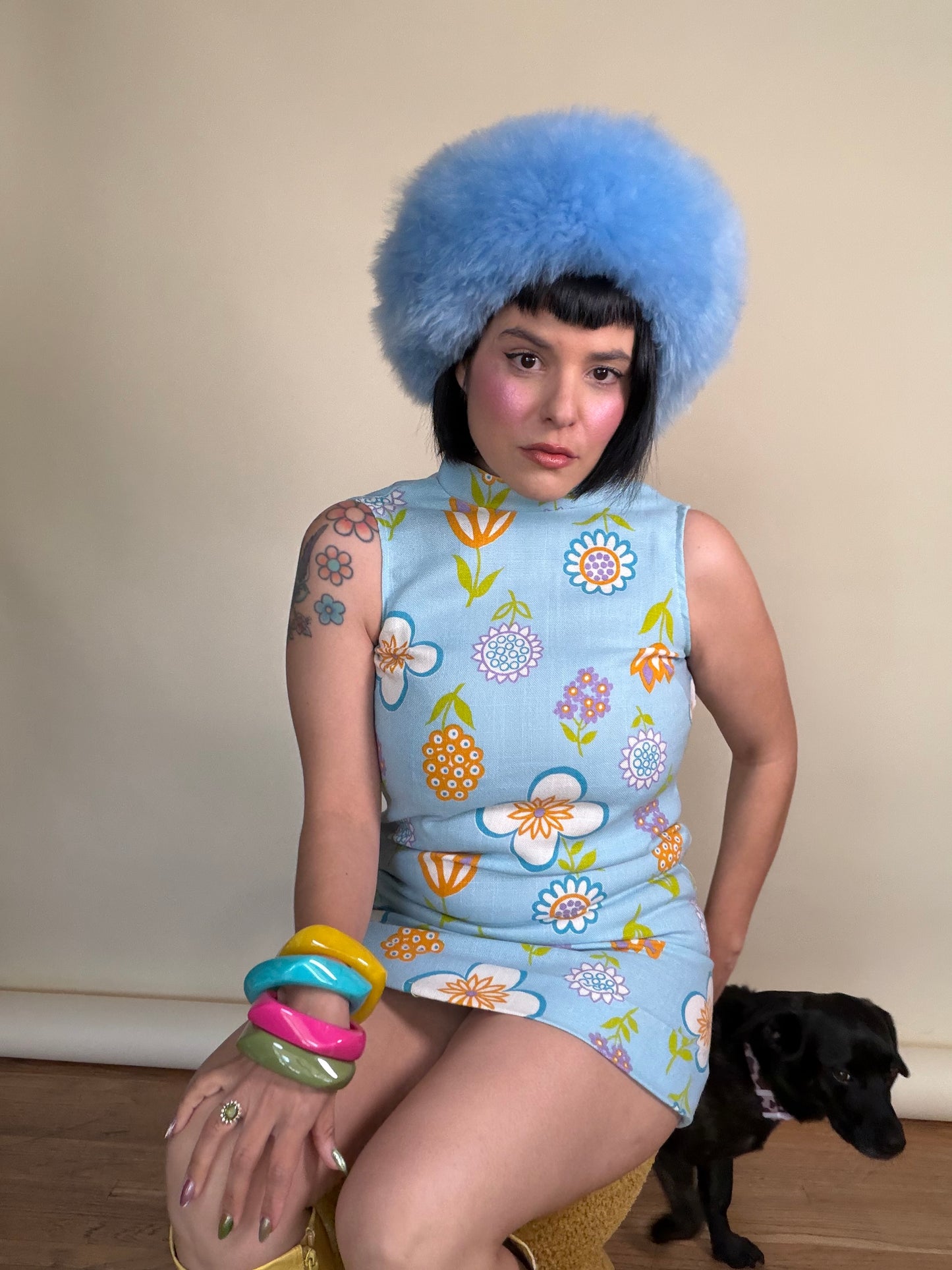 Vintage 60s Powder Blue Floral Mini Dress Fits XS-SM