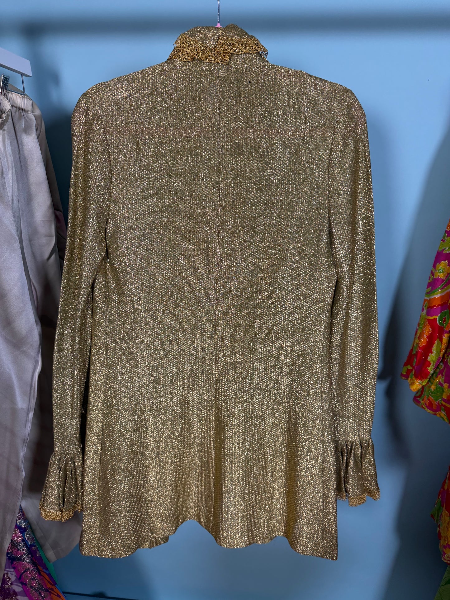 Vintage RARE 70s Betsey Johnson Paraphernalia Gold Metallic Bell Sleeve Mini Duster Dress XS-M