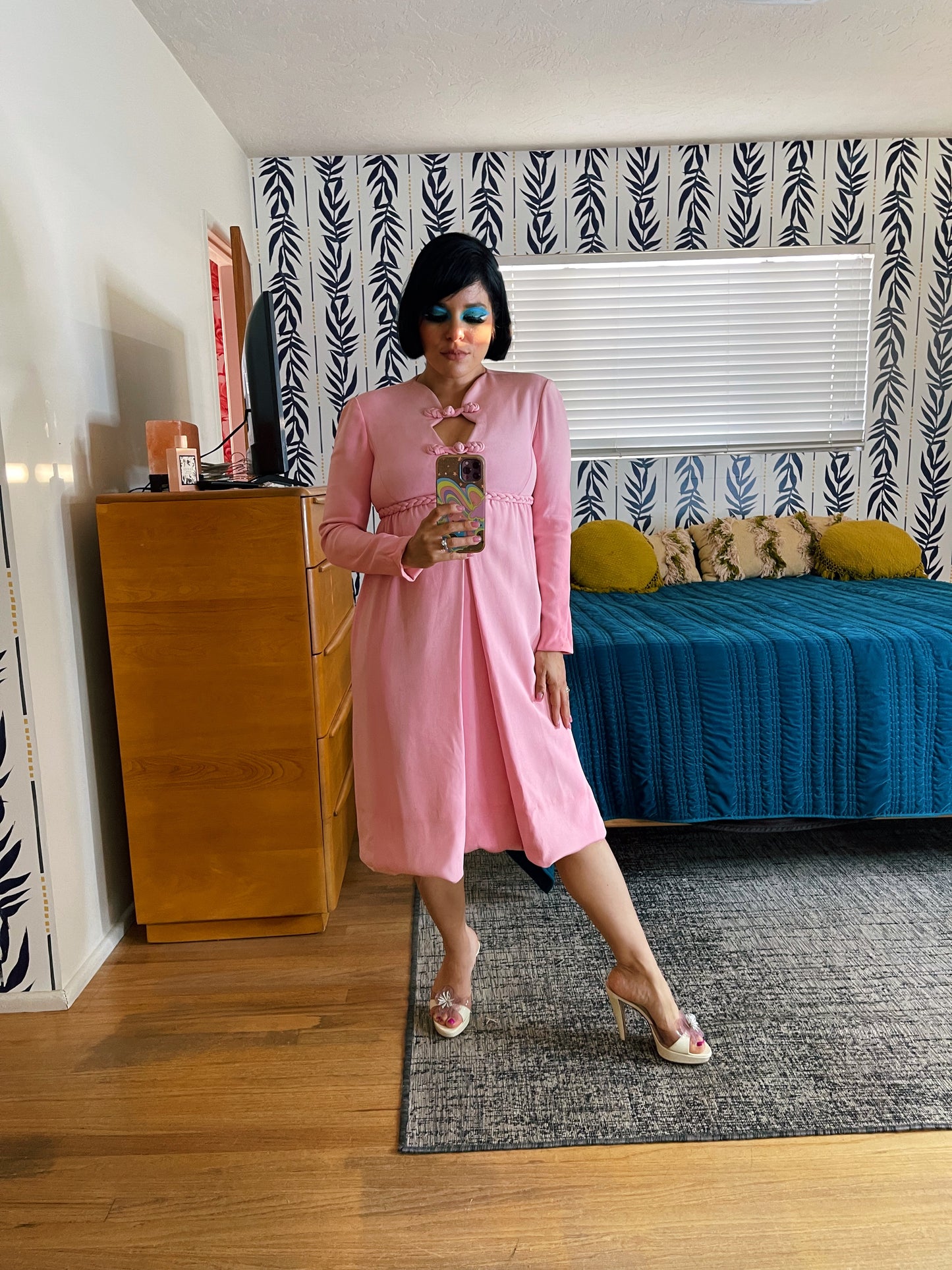 Vintage 60s Peekaboo Front Bubblegum Pink Empire Waist Dress Fits Sizes XS-SM