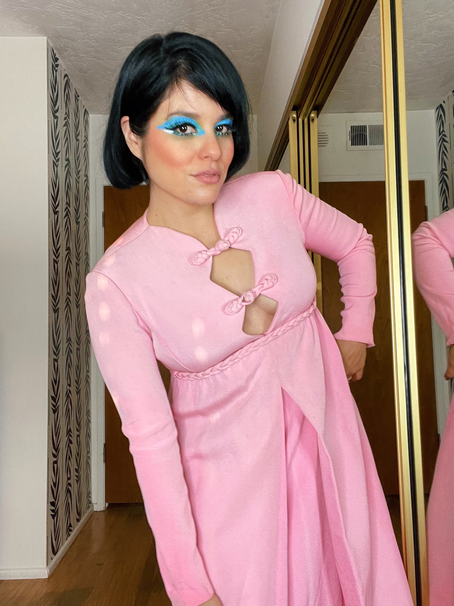Vintage 60s Peekaboo Front Bubblegum Pink Empire Waist Dress Fits Sizes XS-SM