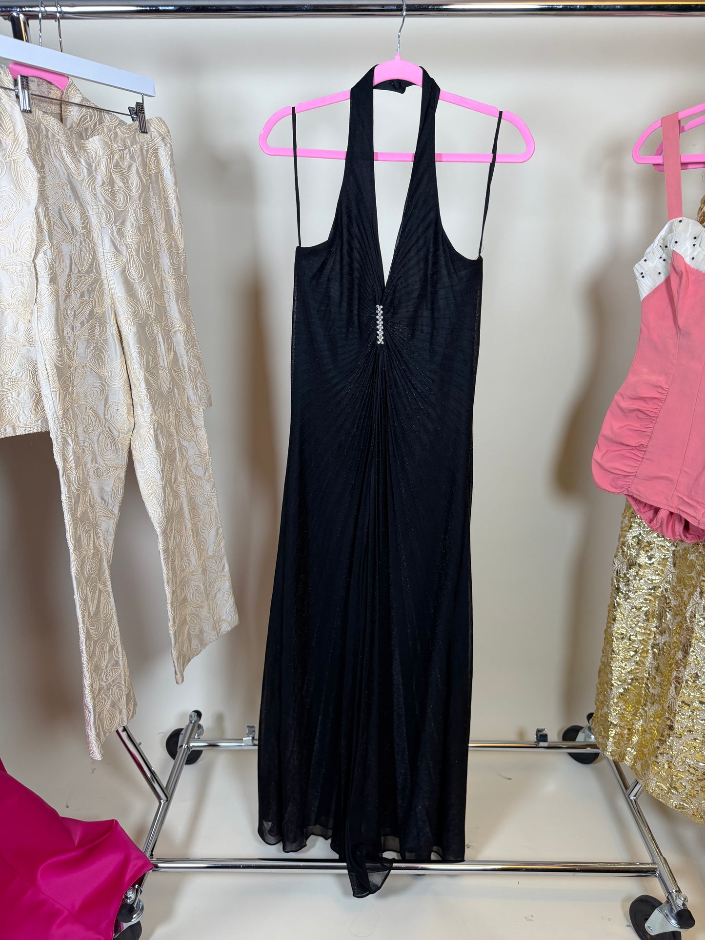 Late 70s / 80s Black Lurex Halter Gown (like William Travilla design) Fits S-L