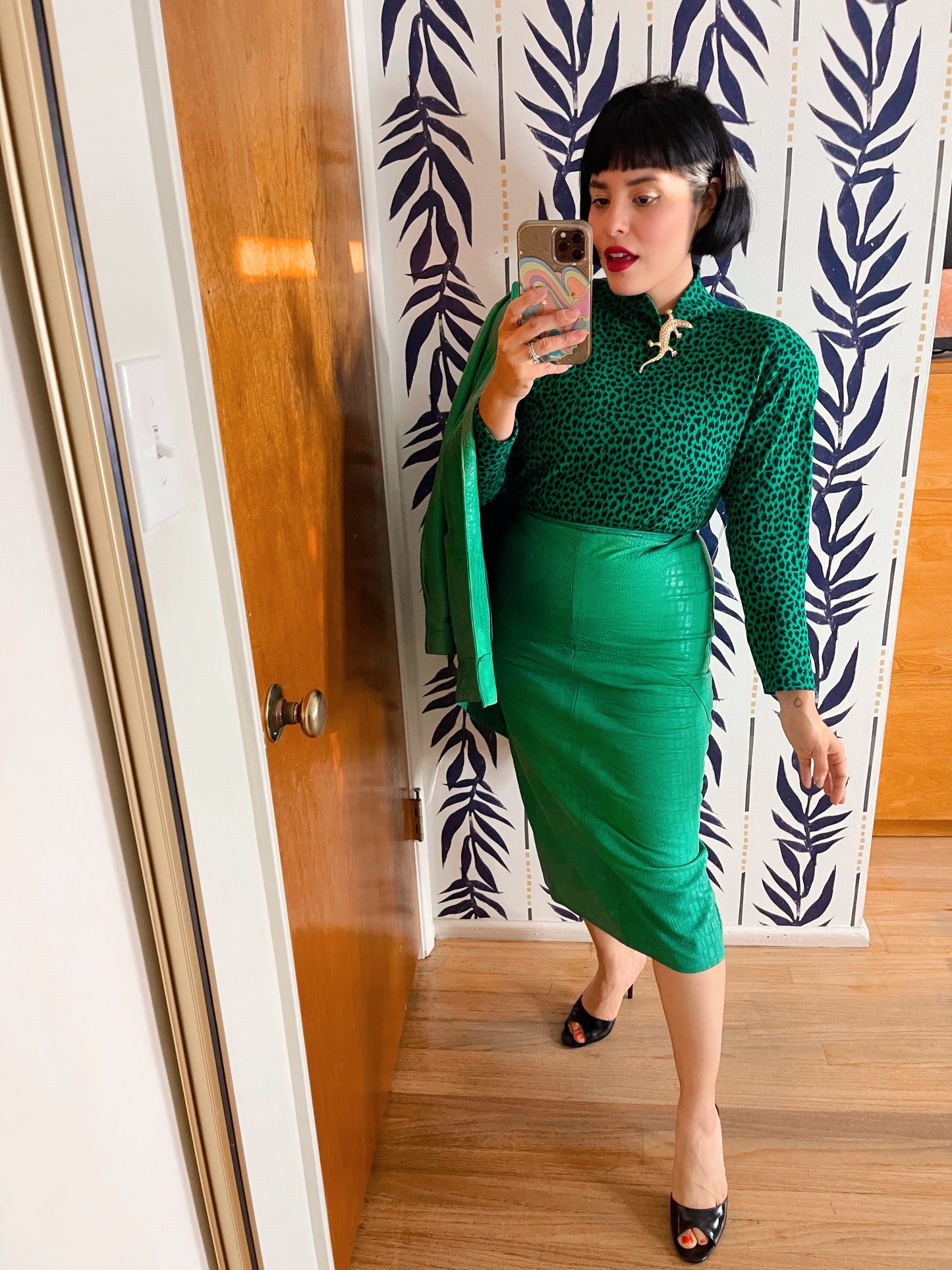 Vintage 3 Piece Set Leather Green Soft textured Jacket Skirt Blouse Set Fits Sizes XS-SM & Possible Size M