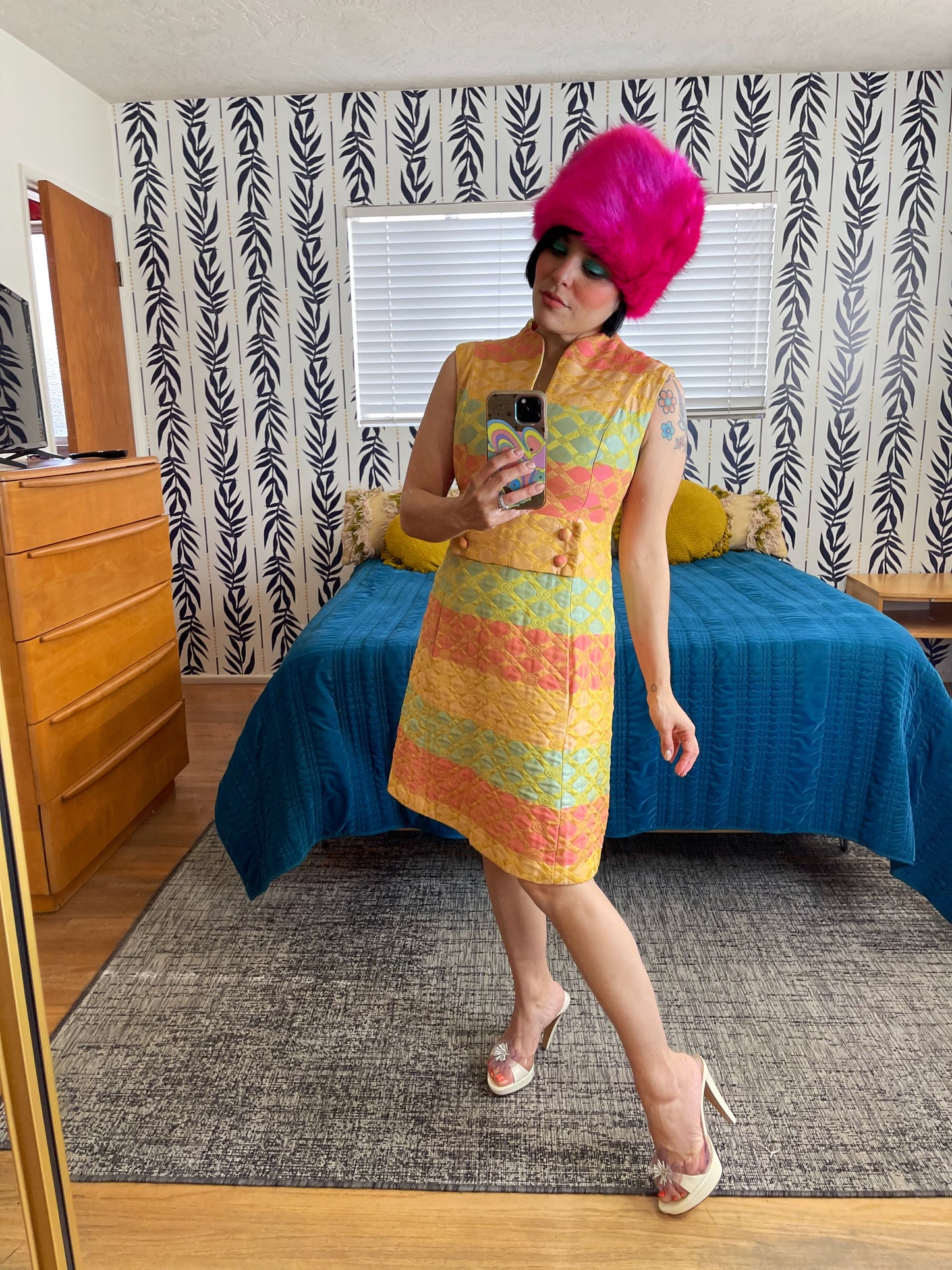Vintage 60s Rainbow Couture Shift Brenner Couture Dress Fits Sizes XXS-SM