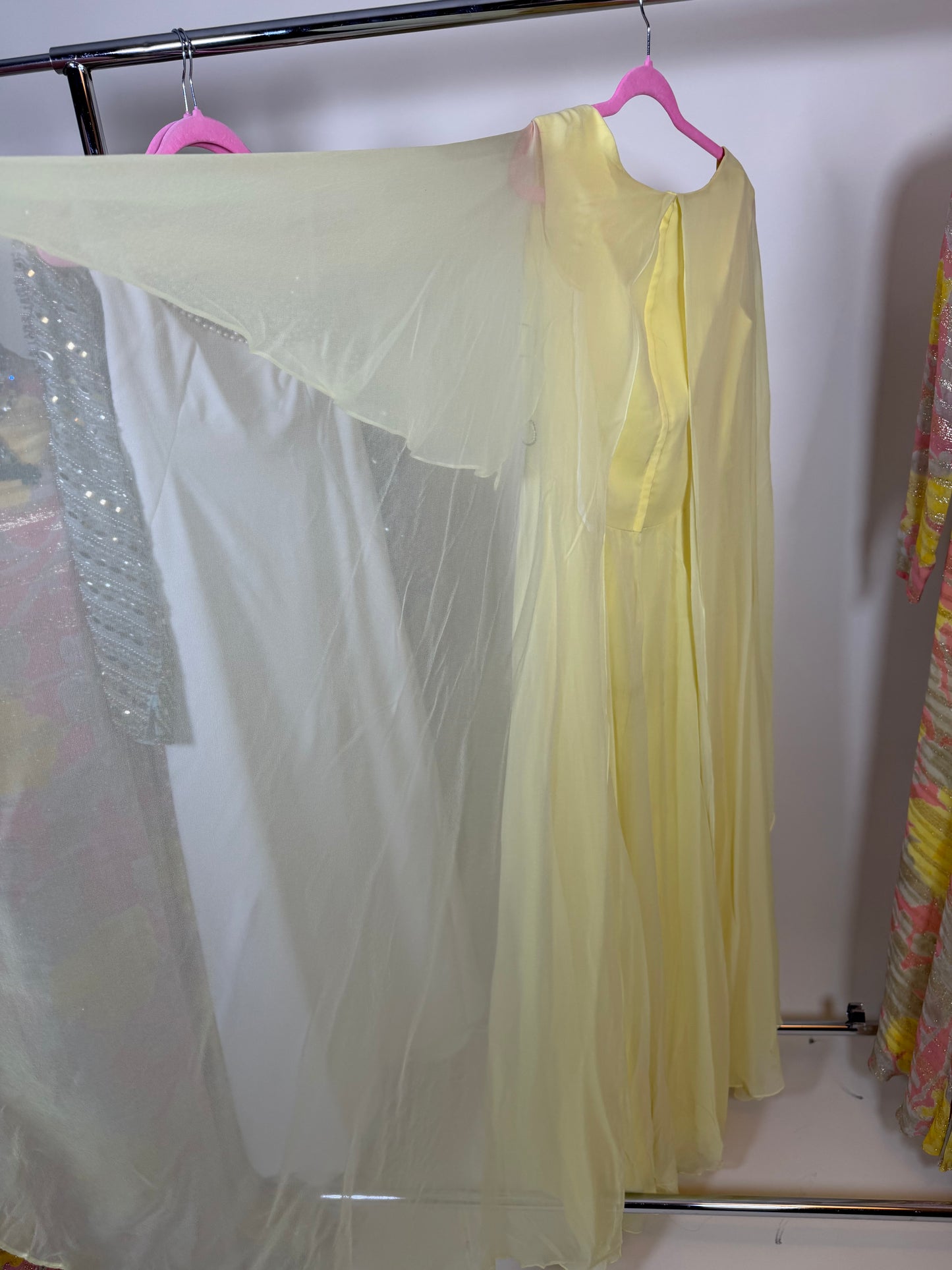 60s Vintage Ethereal Yellow Chiffon Cape Sleeve Gown Fits S-M