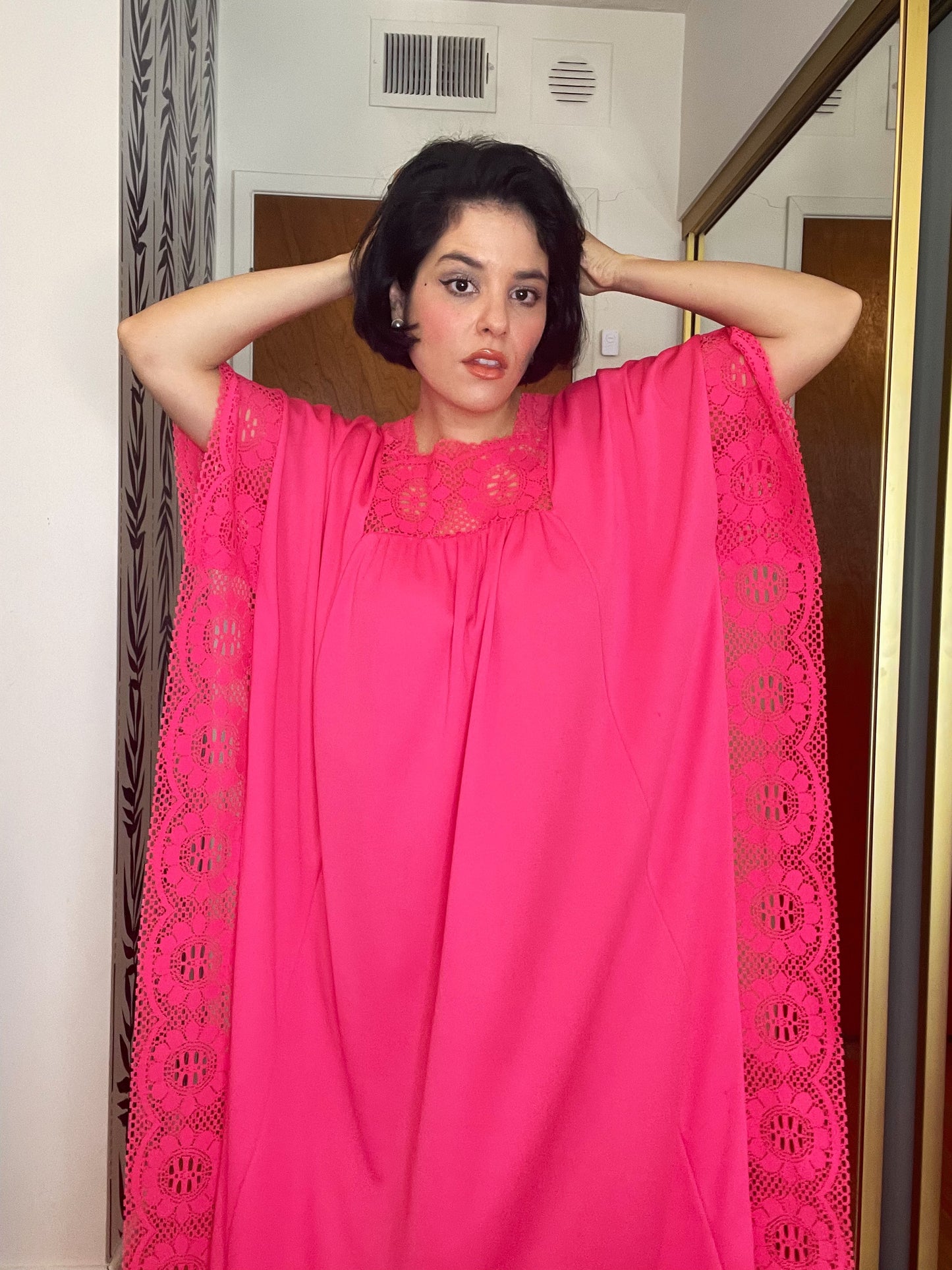 Vintage 60s / 70s Hot Pink Caftan Maxi Fits Most Sizes