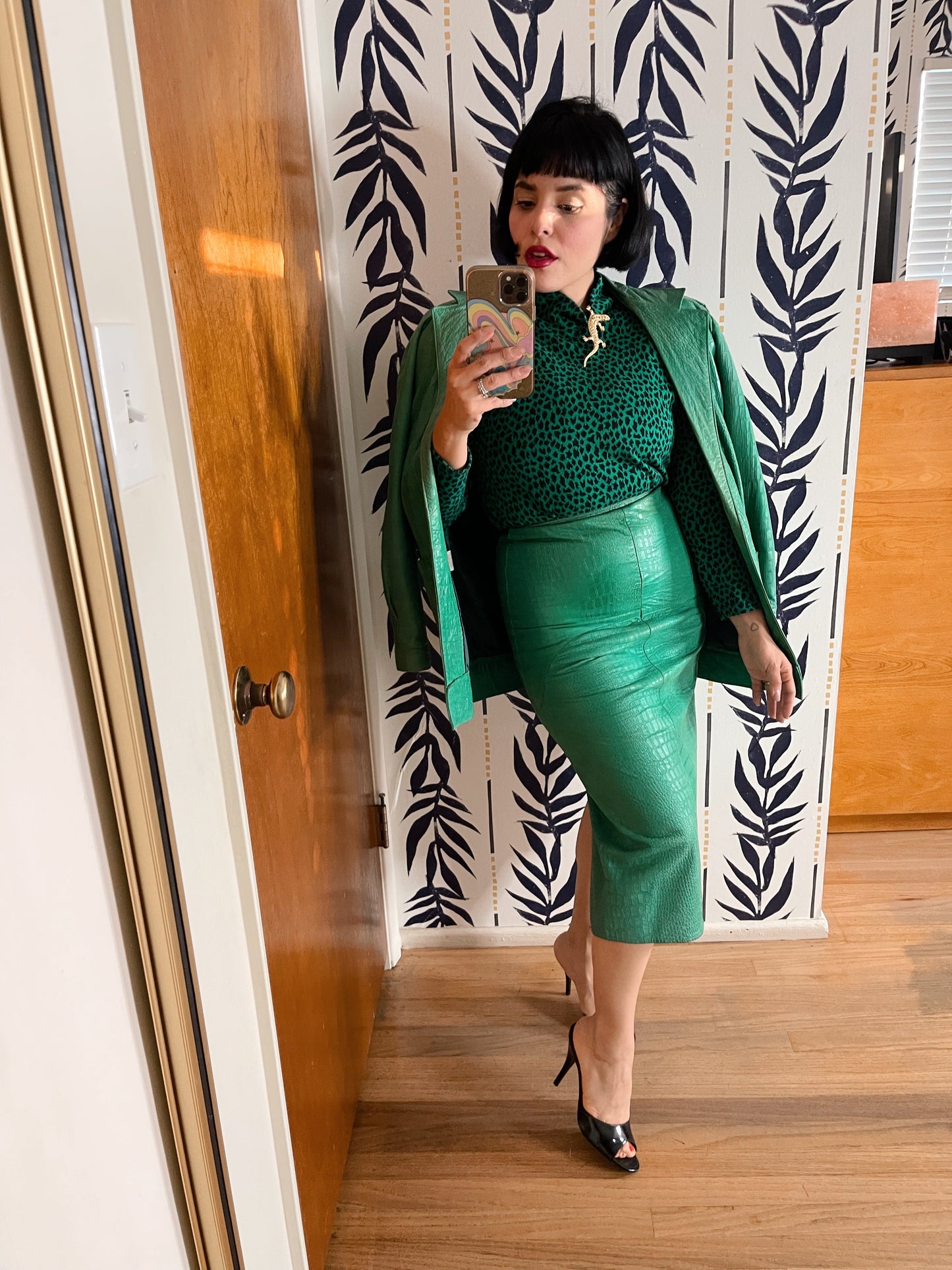Vintage 3 Piece Set Leather Green Soft textured Jacket Skirt Blouse Set Fits Sizes XS-SM & Possible Size M