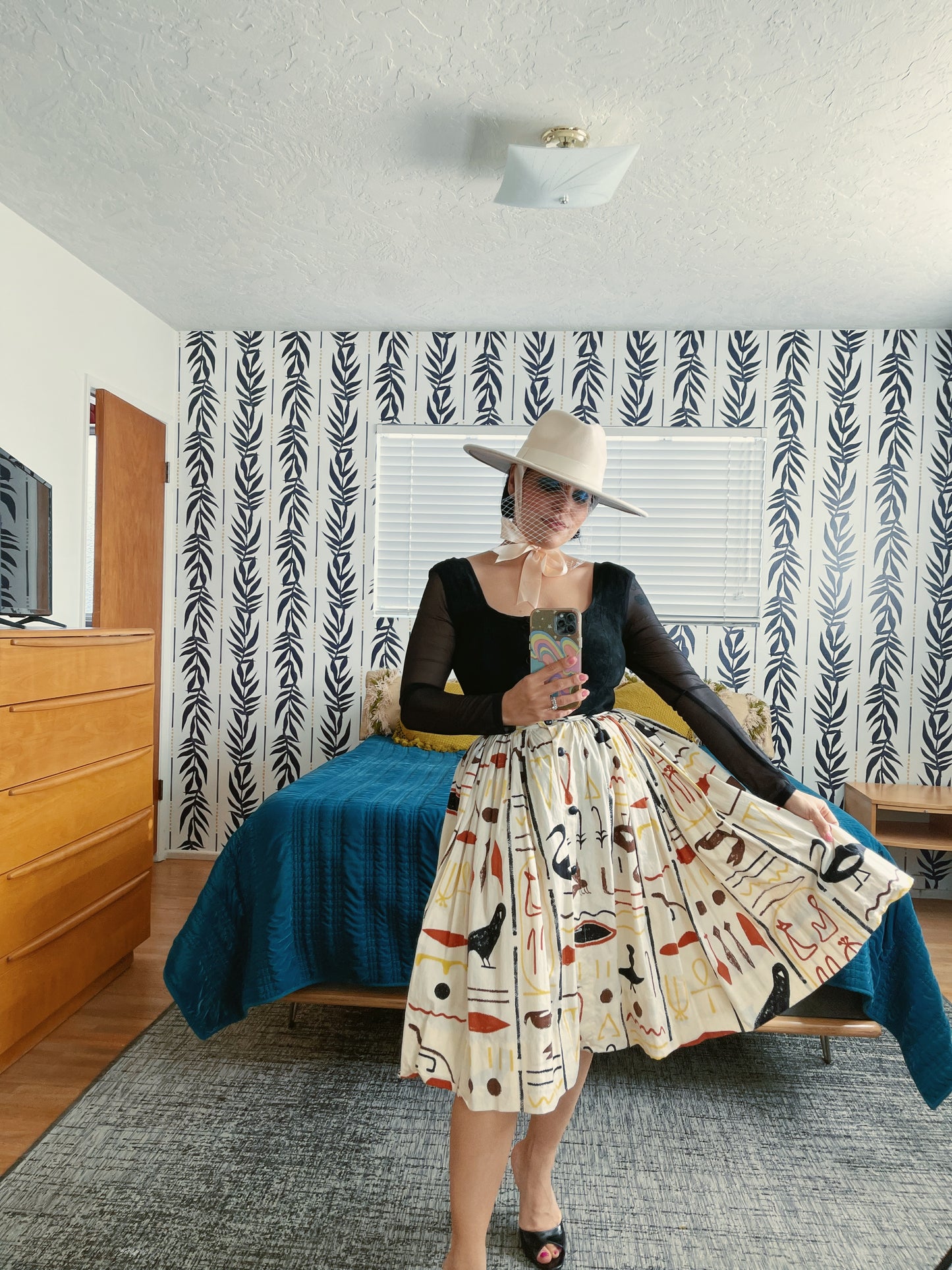 Vintage 50s Hieroglyphics Egyptian Novelty Print Full Skirt Fits Sizes XXS-XS