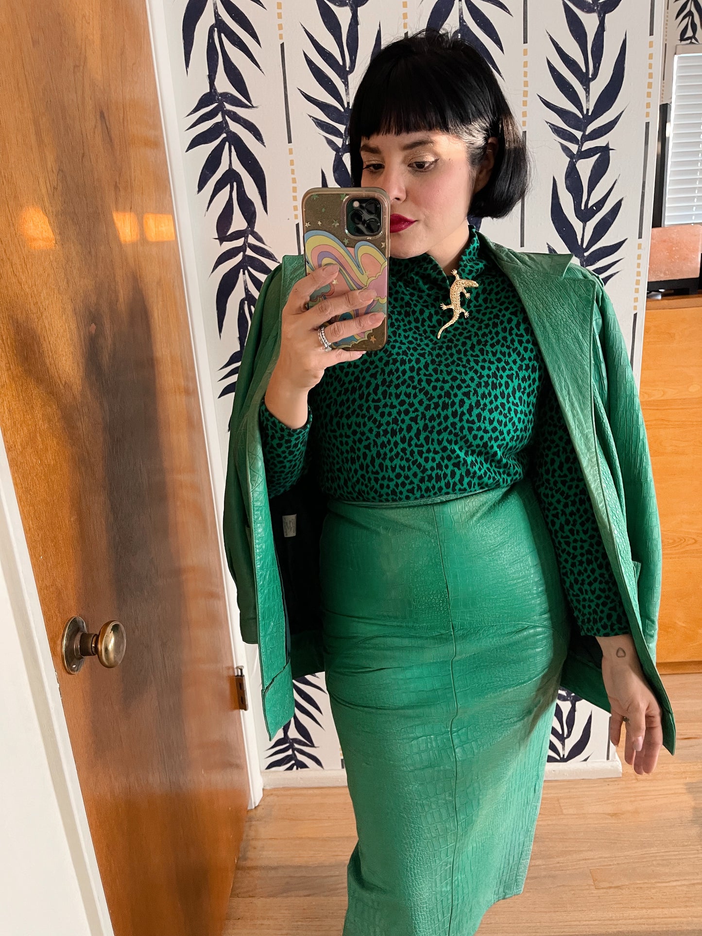 Vintage 3 Piece Set Leather Green Soft textured Jacket Skirt Blouse Set Fits Sizes XS-SM & Possible Size M