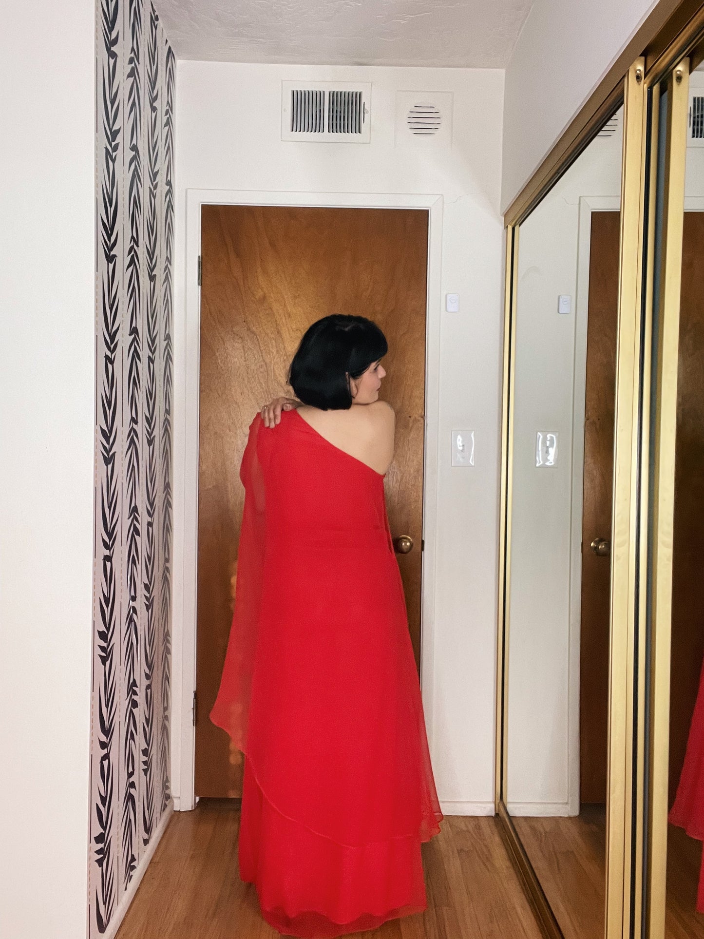 Vintage 70s Fantasia Phoenix Chiffon One Shoulder Lipstick Red Maxi Flowy Studio 54 Maxi Fits XXS-SM