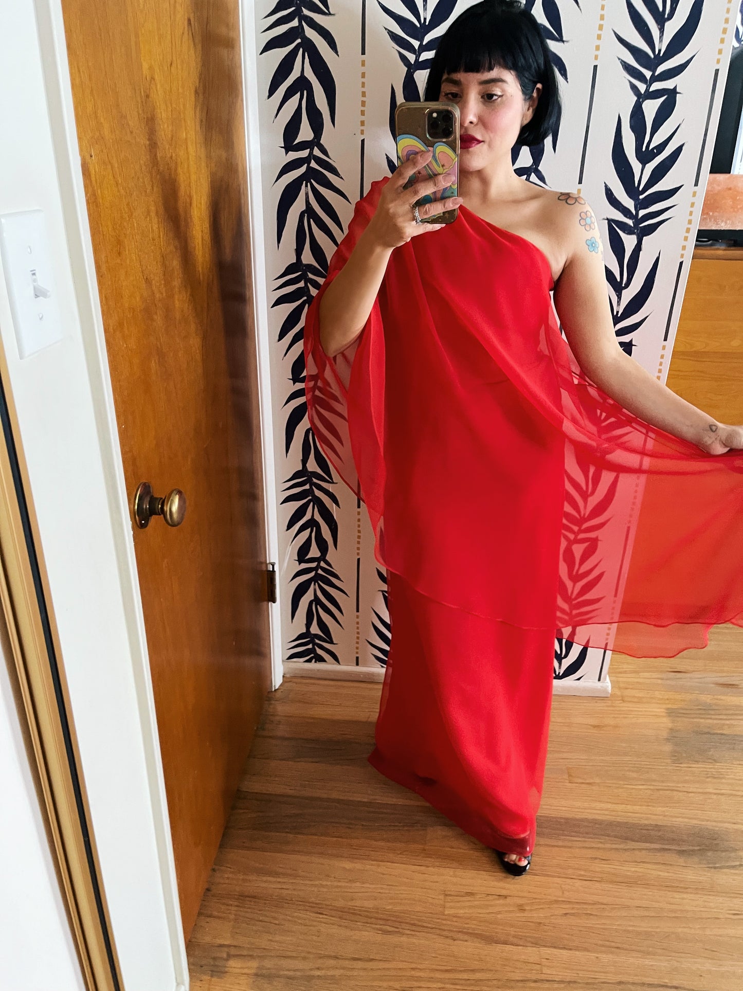 Vintage 70s Fantasia Phoenix Chiffon One Shoulder Lipstick Red Maxi Flowy Studio 54 Maxi Fits XXS-SM