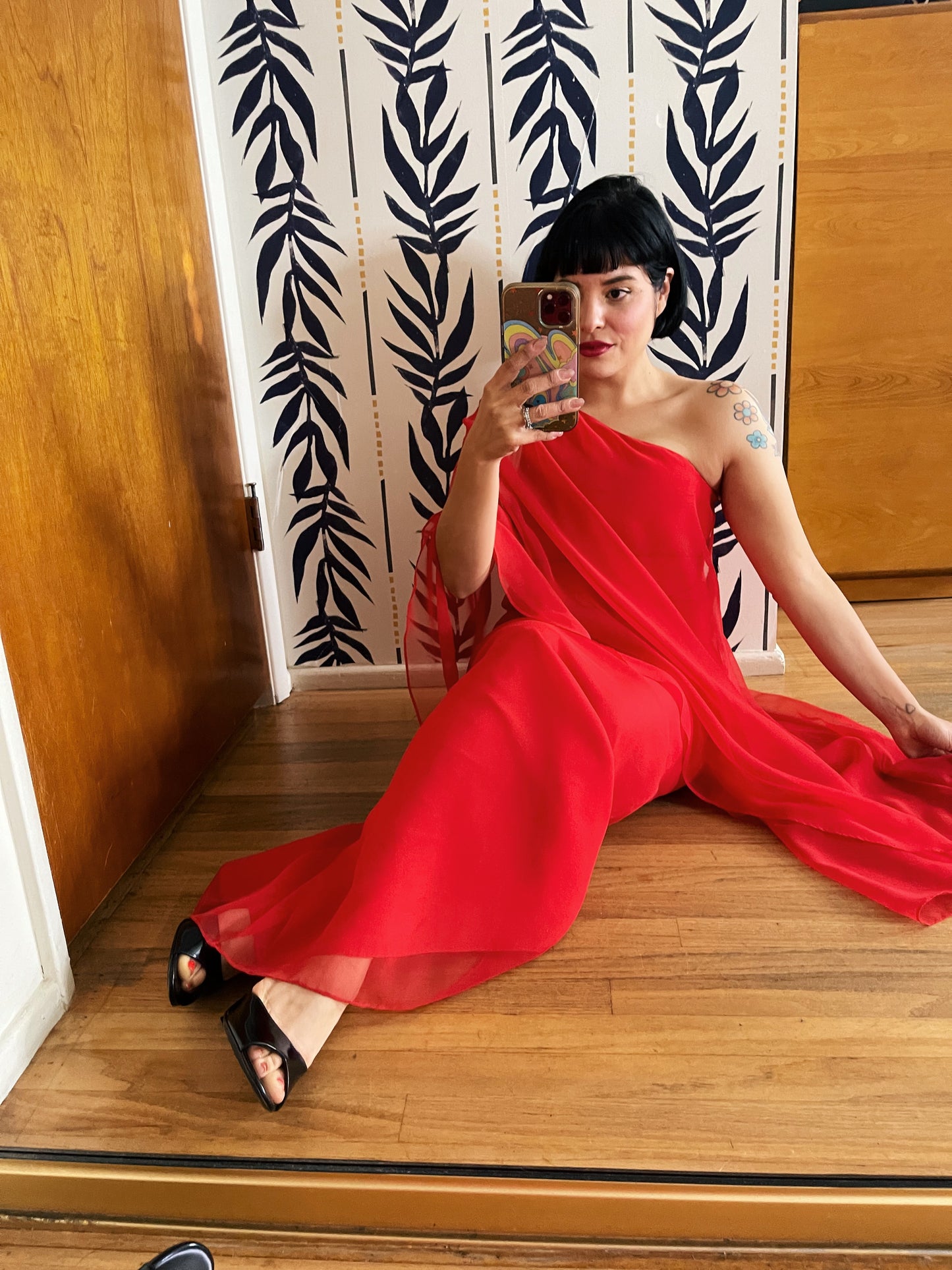 Vintage 70s Fantasia Phoenix Chiffon One Shoulder Lipstick Red Maxi Flowy Studio 54 Maxi Fits XXS-SM