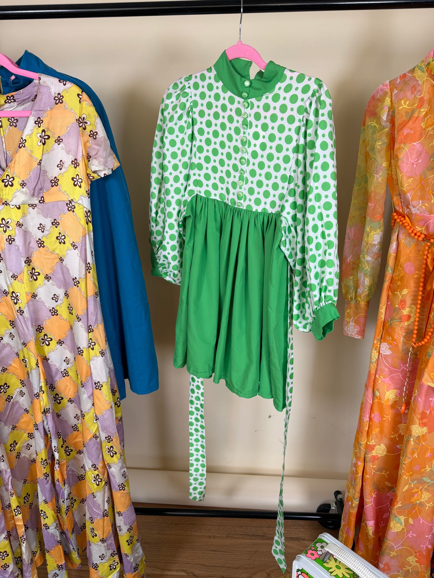Vintage 60s Mod Balloon Sleeve Green Polkadot Babydoll Mini XS-M