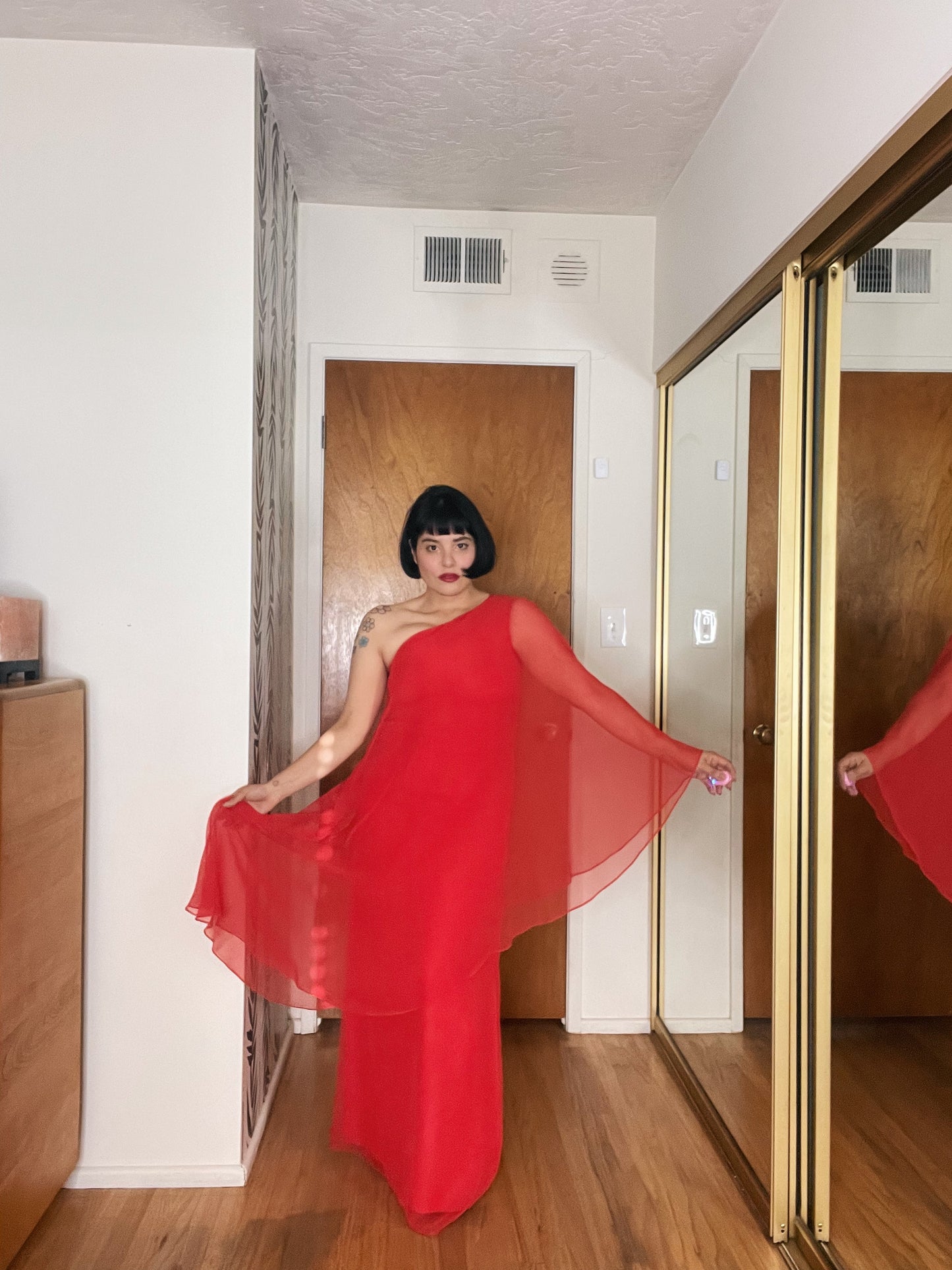 Vintage 70s Fantasia Phoenix Chiffon One Shoulder Lipstick Red Maxi Flowy Studio 54 Maxi Fits XXS-SM