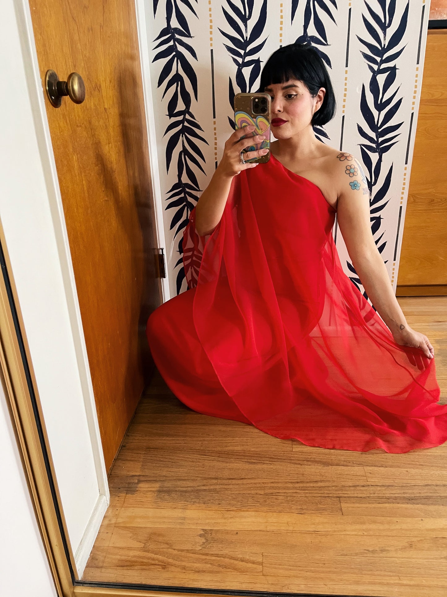 Vintage 70s Fantasia Phoenix Chiffon One Shoulder Lipstick Red Maxi Flowy Studio 54 Maxi Fits XXS-SM