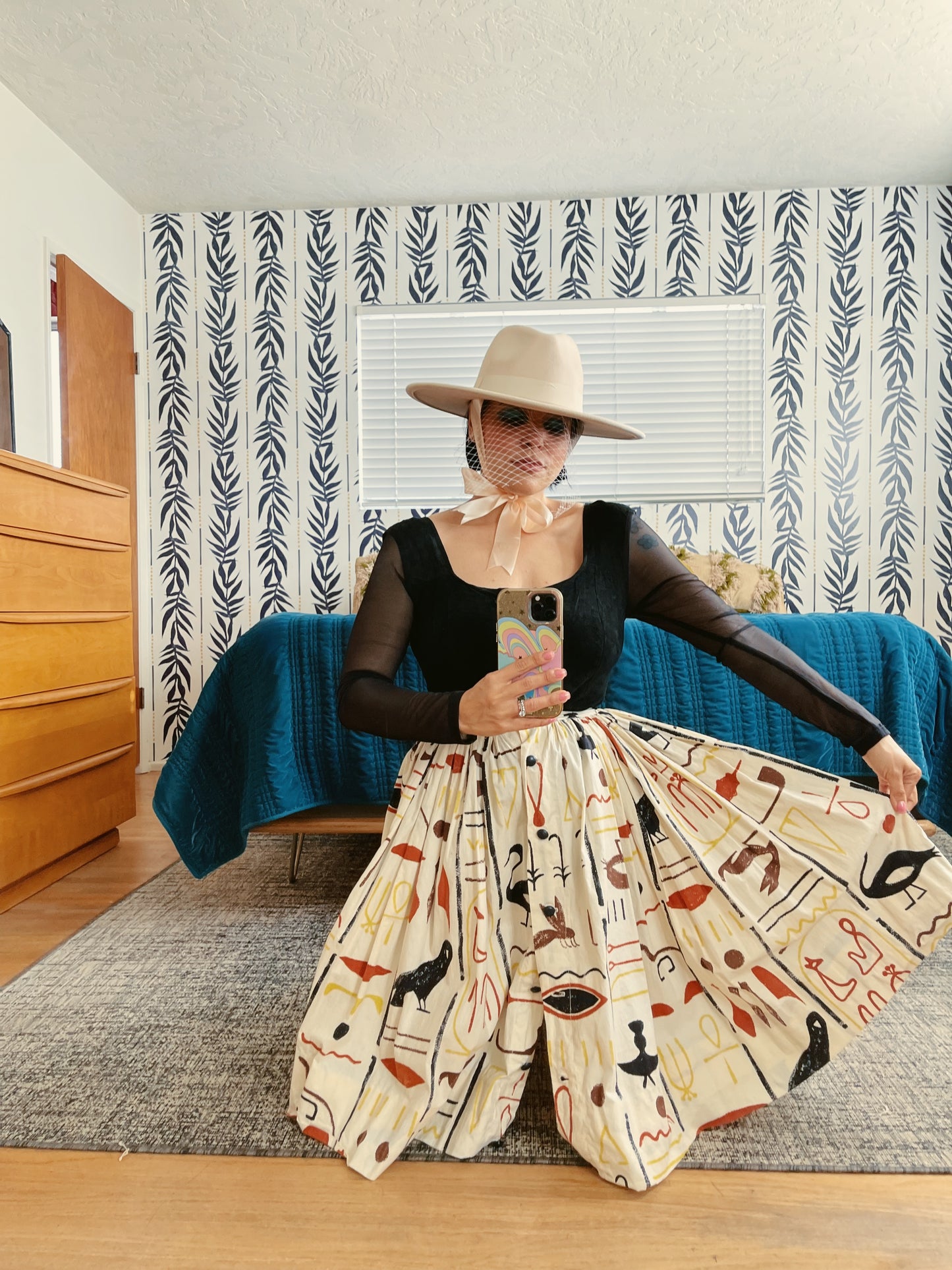 Vintage 50s Hieroglyphics Egyptian Novelty Print Full Skirt Fits Sizes XXS-XS