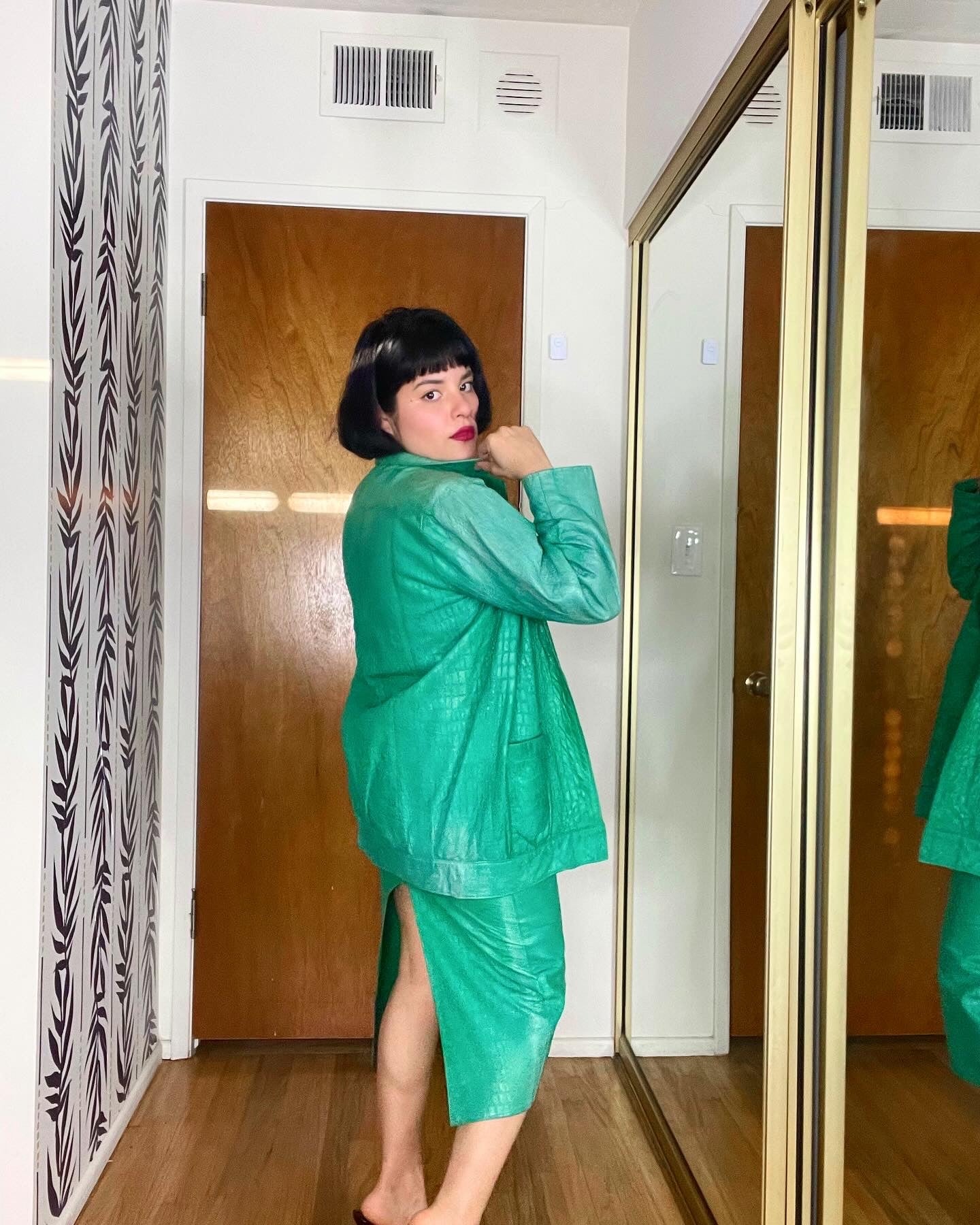 Vintage 3 Piece Set Leather Green Soft textured Jacket Skirt Blouse Set Fits Sizes XS-SM & Possible Size M