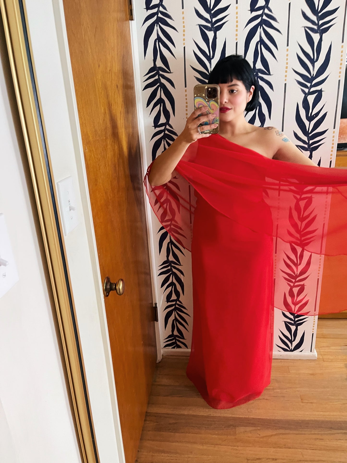 Vintage 70s Fantasia Phoenix Chiffon One Shoulder Lipstick Red Maxi Flowy Studio 54 Maxi Fits XXS-SM