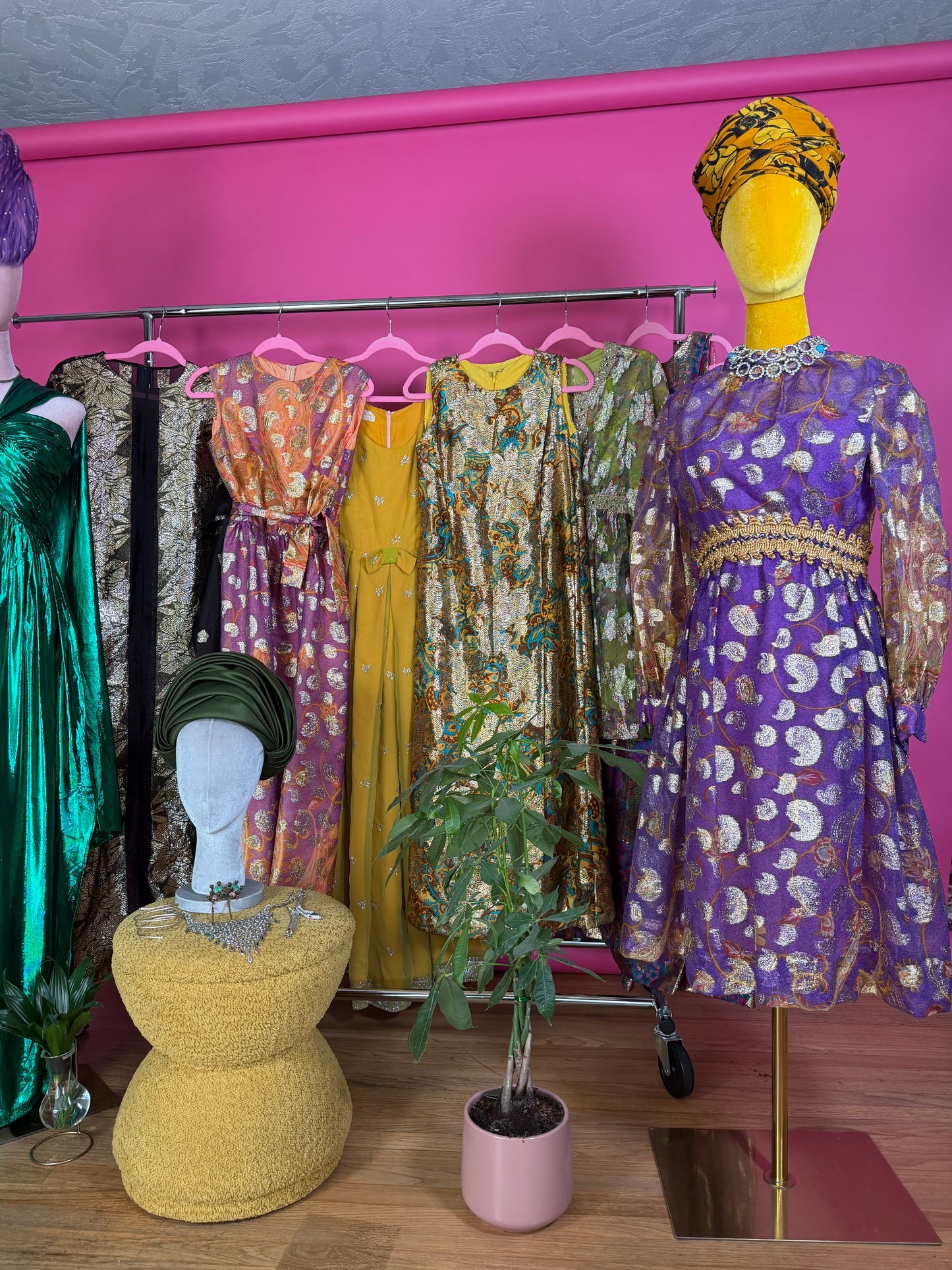 Vintage 60s Saks 5th Ave Chartreuse Rainbow & Gold Lame Cocktail Dress Fits XS-SM