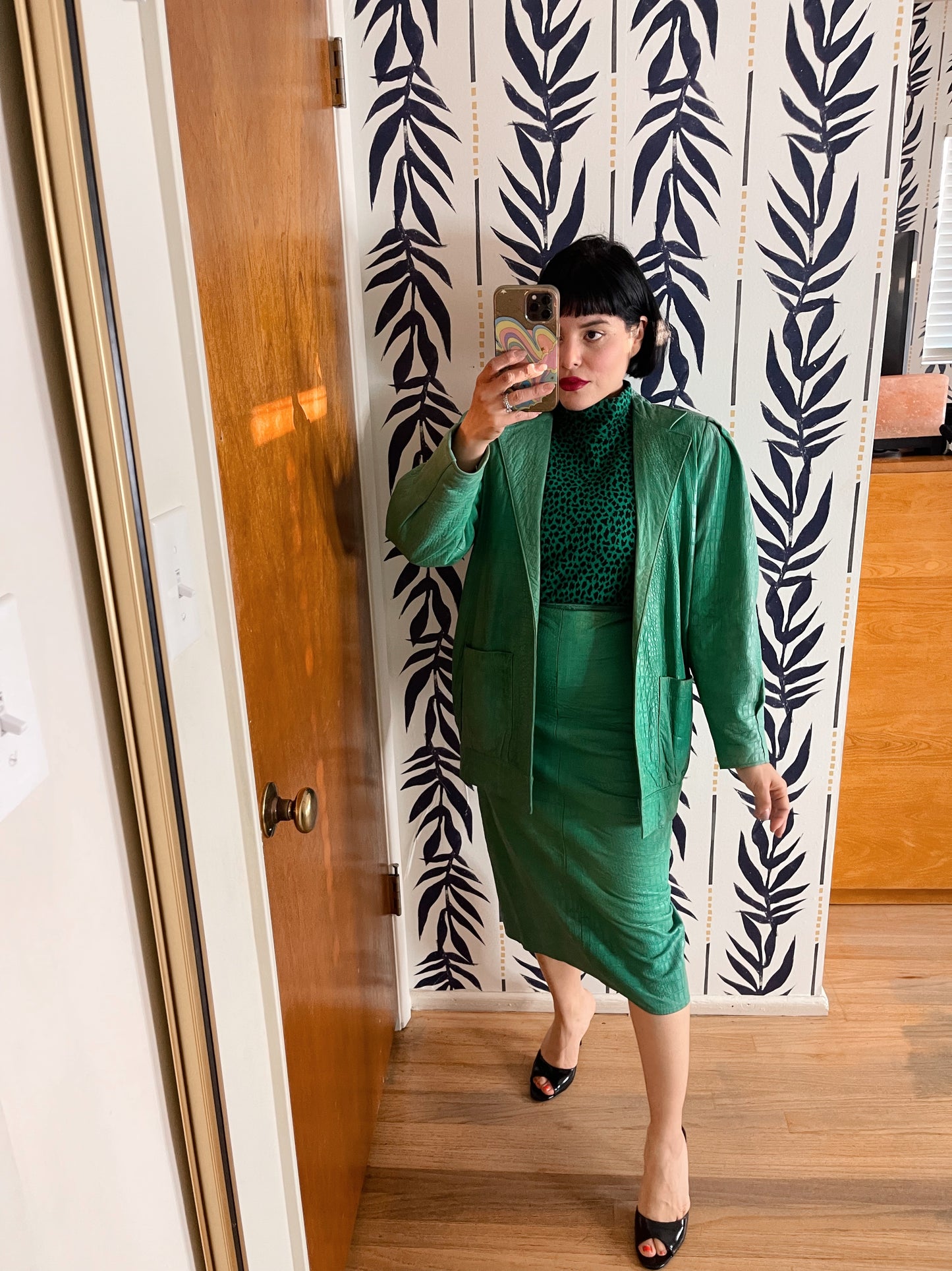 Vintage 3 Piece Set Leather Green Soft textured Jacket Skirt Blouse Set Fits Sizes XS-SM & Possible Size M