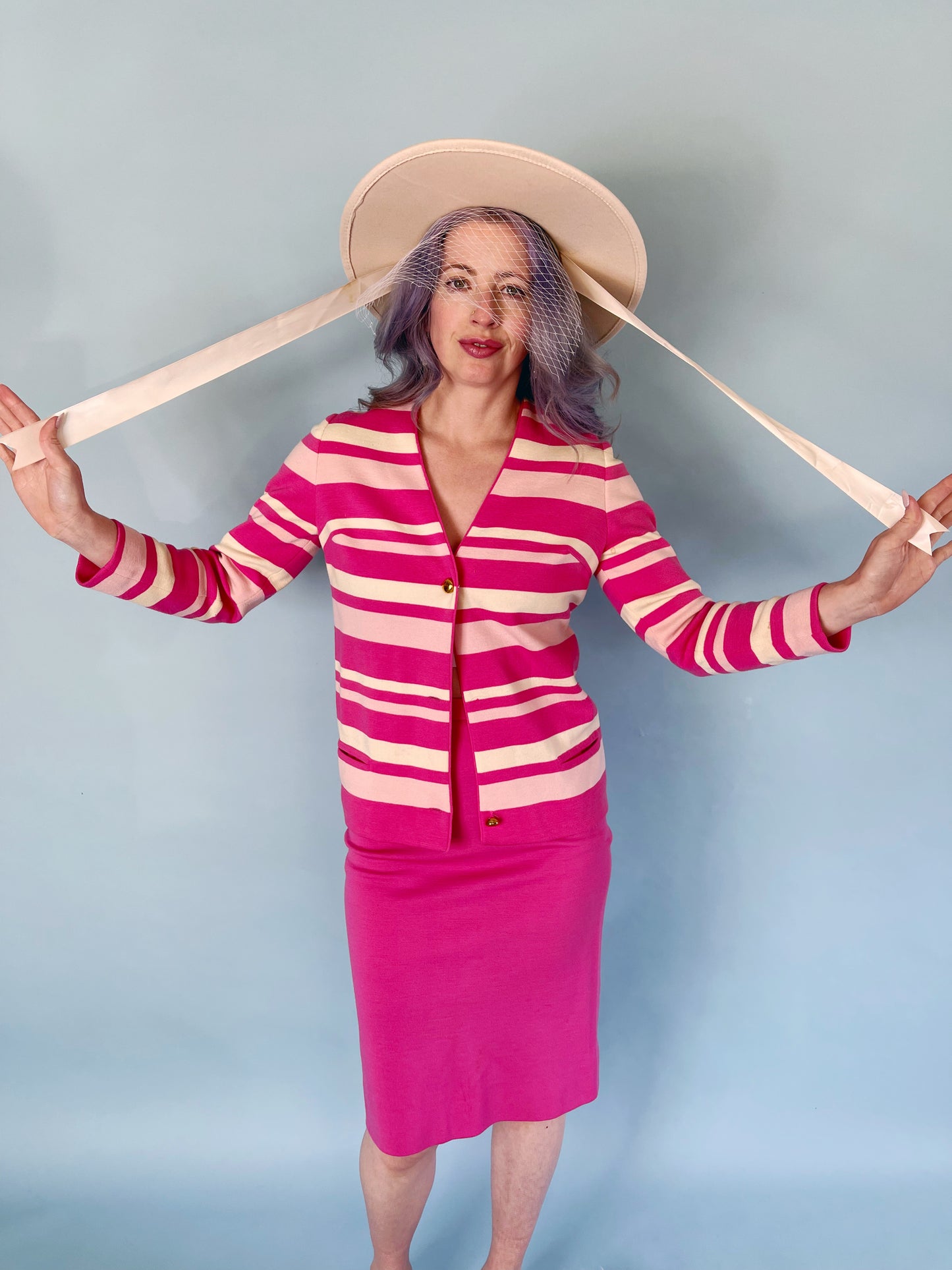 Vintage 60s /70s Hot Pink Soft Wool Made in Switzerland Striped Skirt Set Fits Sizes XXS-SM