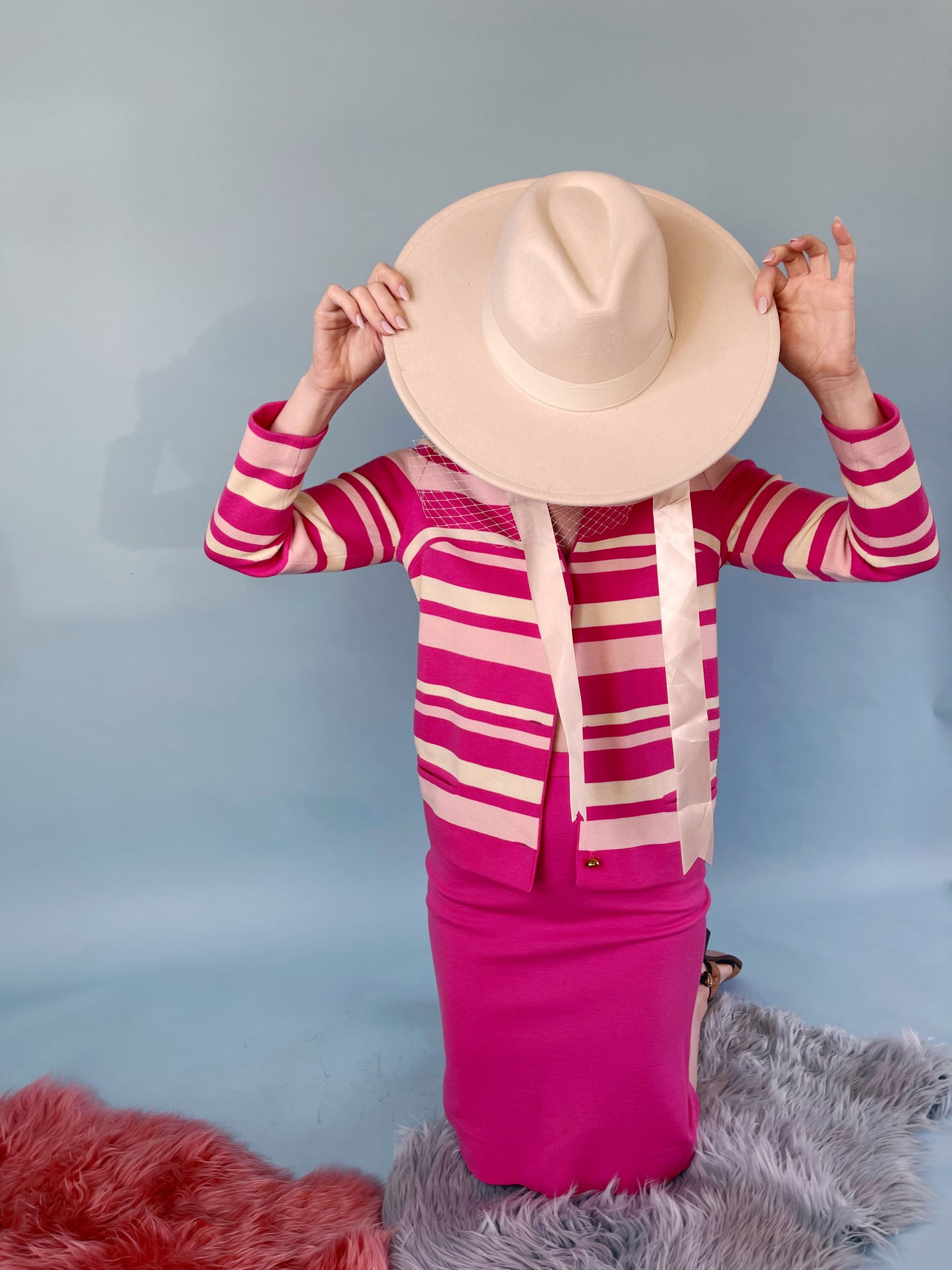 Vintage 60s /70s Hot Pink Soft Wool Made in Switzerland Striped Skirt Set Fits Sizes XXS-SM