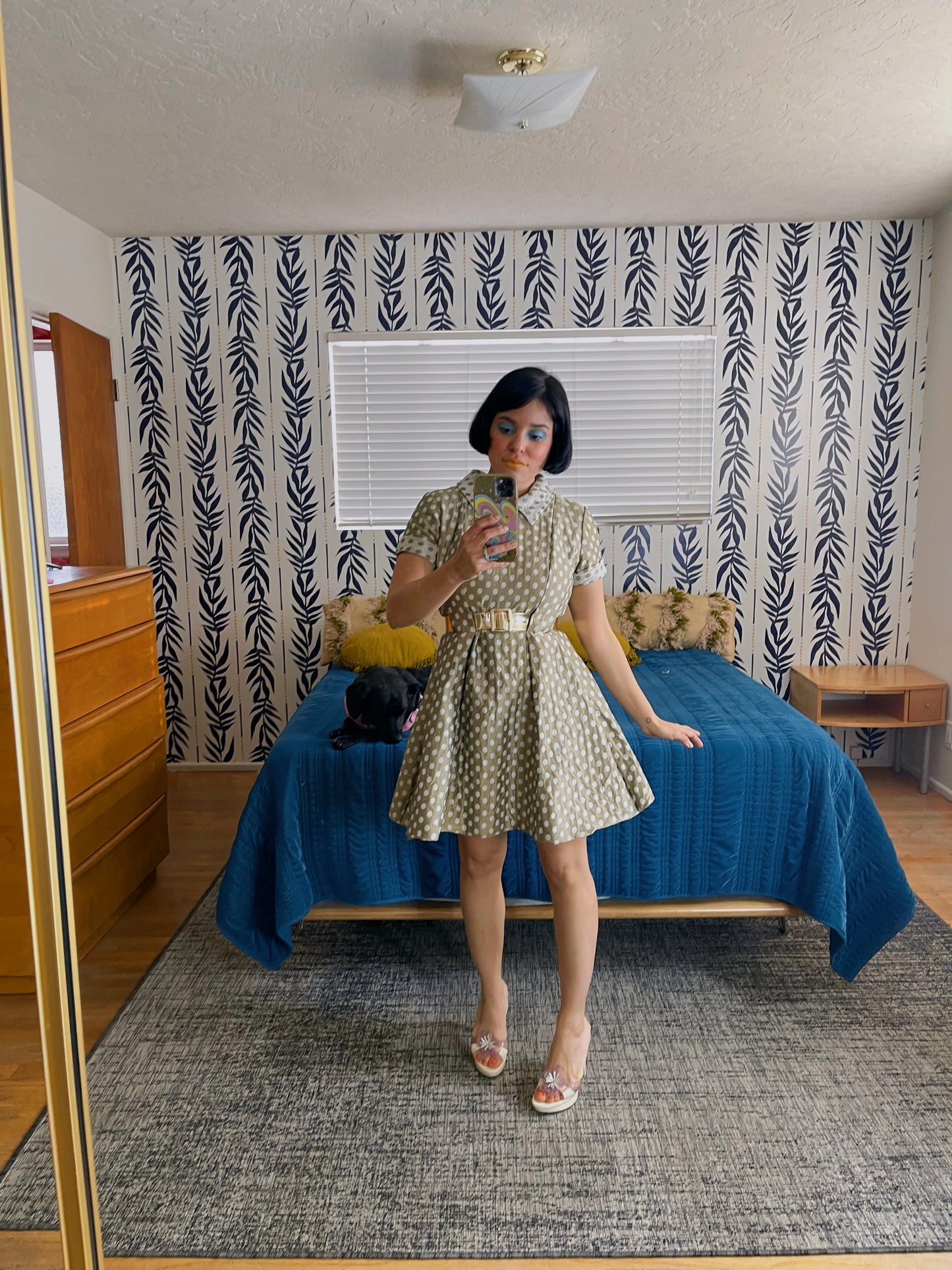 Vintage 60s Polka Dot Fit Flare Raw Silk Dress Fits Sizes XS-SM