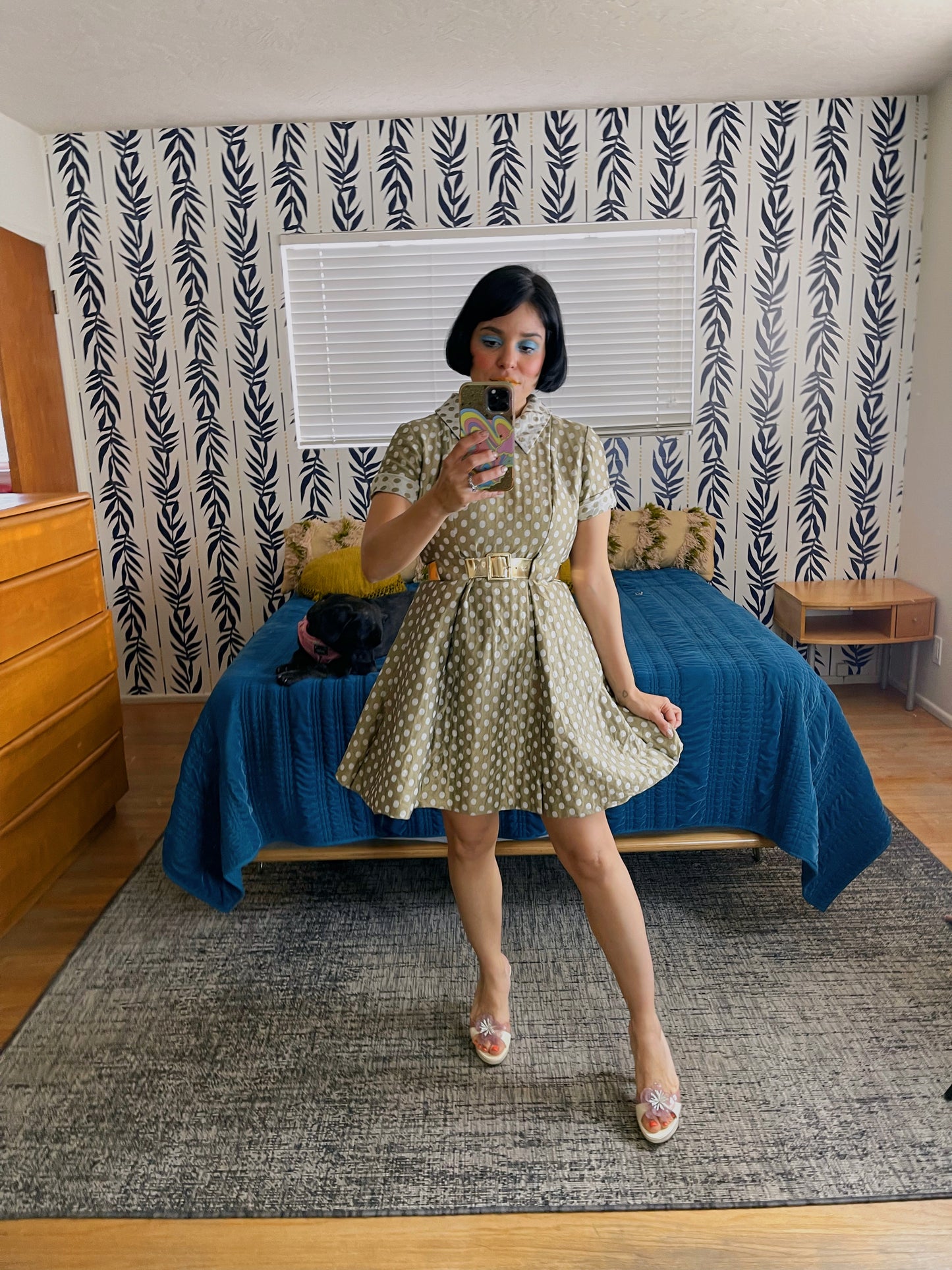 Vintage 60s Polka Dot Fit Flare Raw Silk Dress Fits Sizes XS-SM