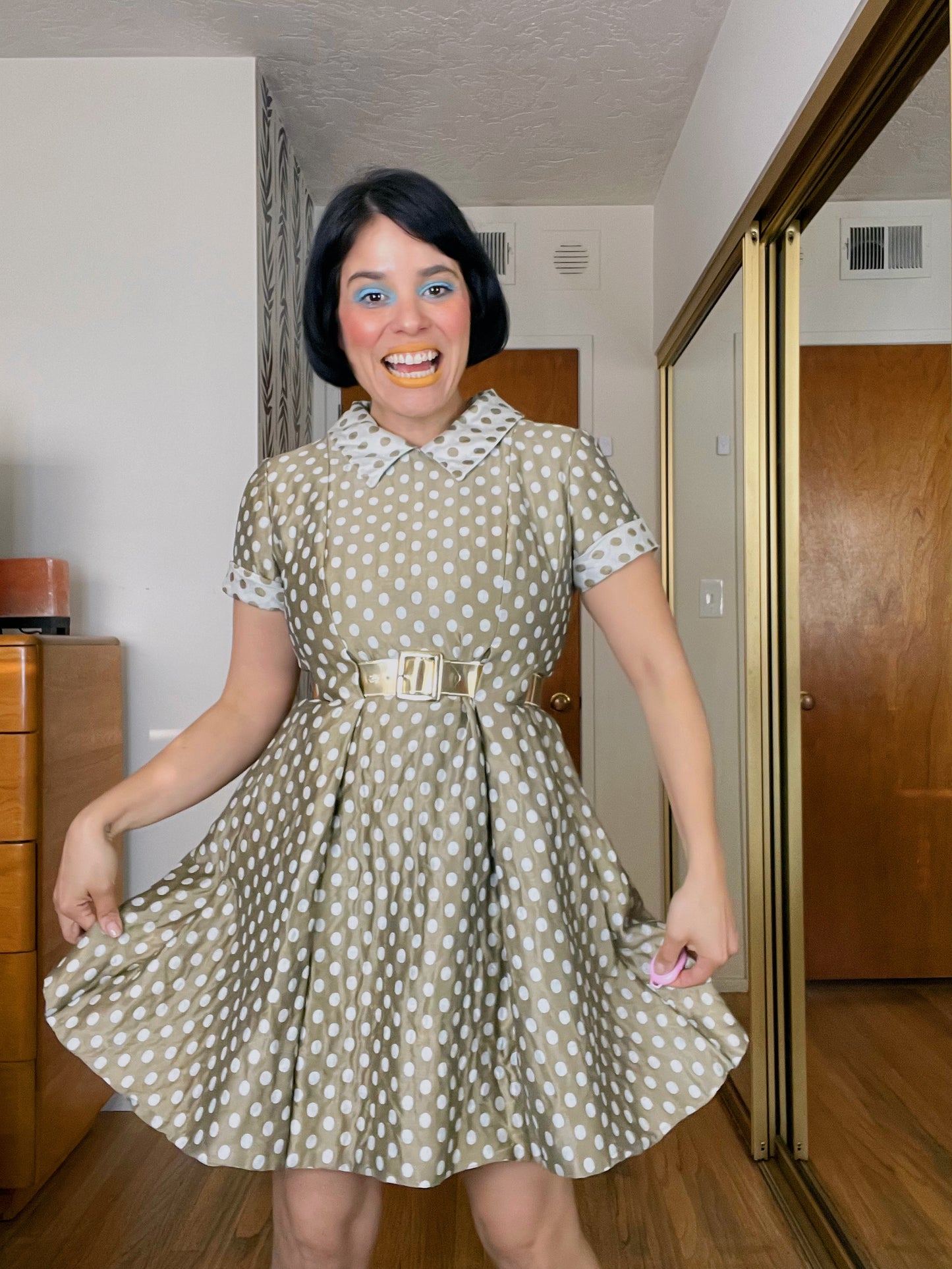 Vintage 60s Polka Dot Fit Flare Raw Silk Dress Fits Sizes XS-SM