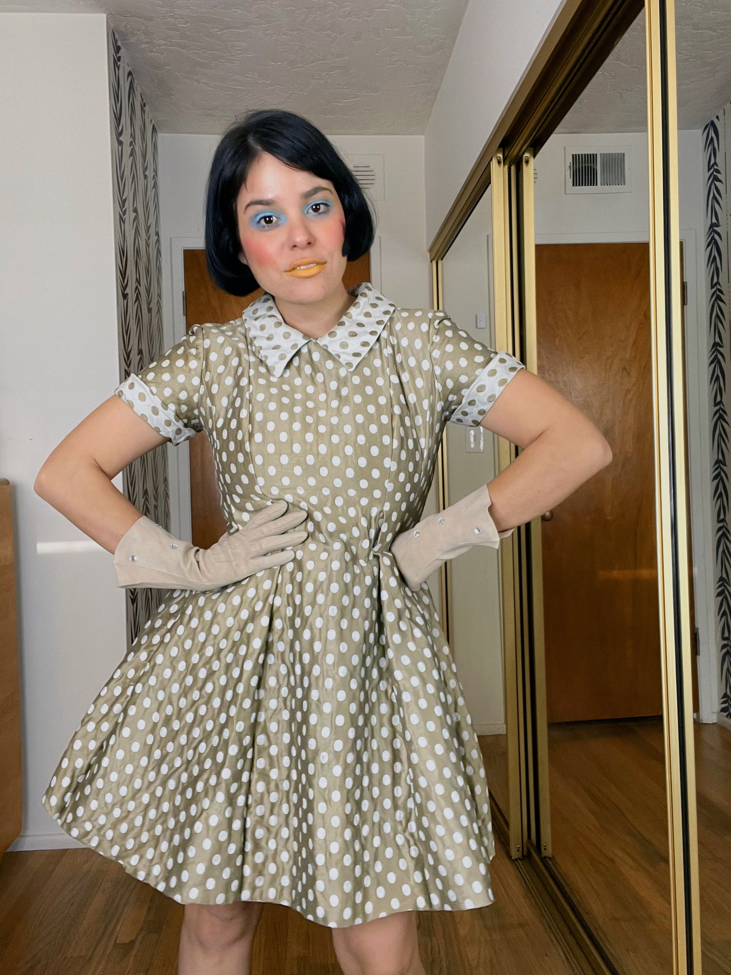 Vintage 60s Polka Dot Fit Flare Raw Silk Dress Fits Sizes XS-SM