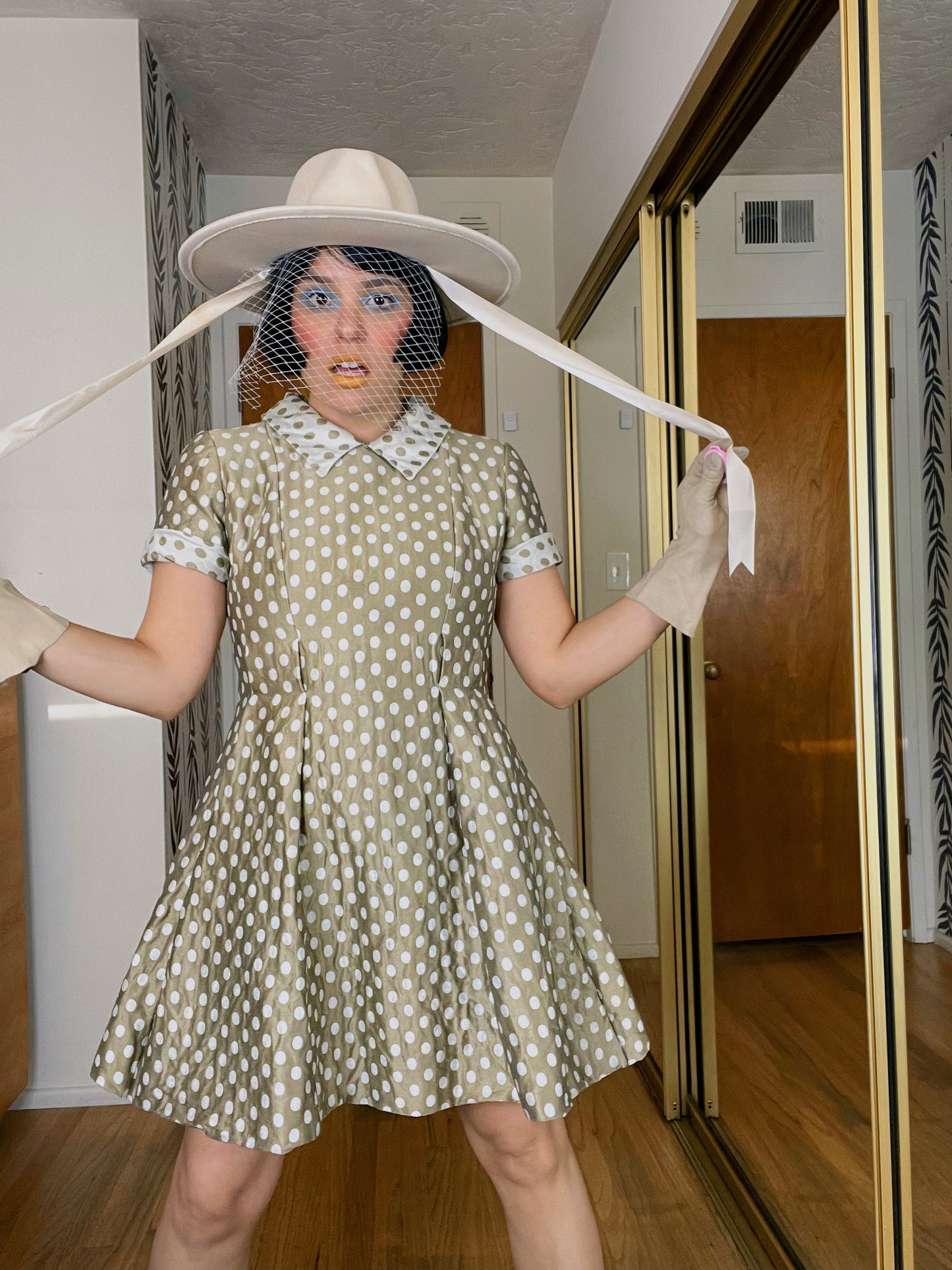 Vintage 60s Polka Dot Fit Flare Raw Silk Dress Fits Sizes XS-SM