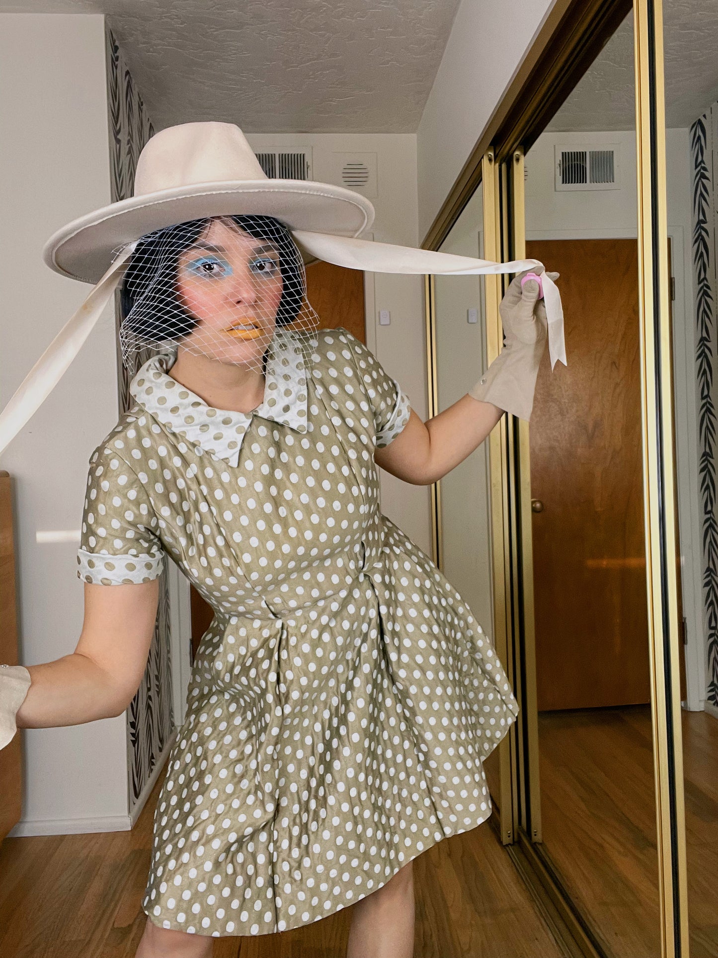 Vintage 60s Polka Dot Fit Flare Raw Silk Dress Fits Sizes XS-SM