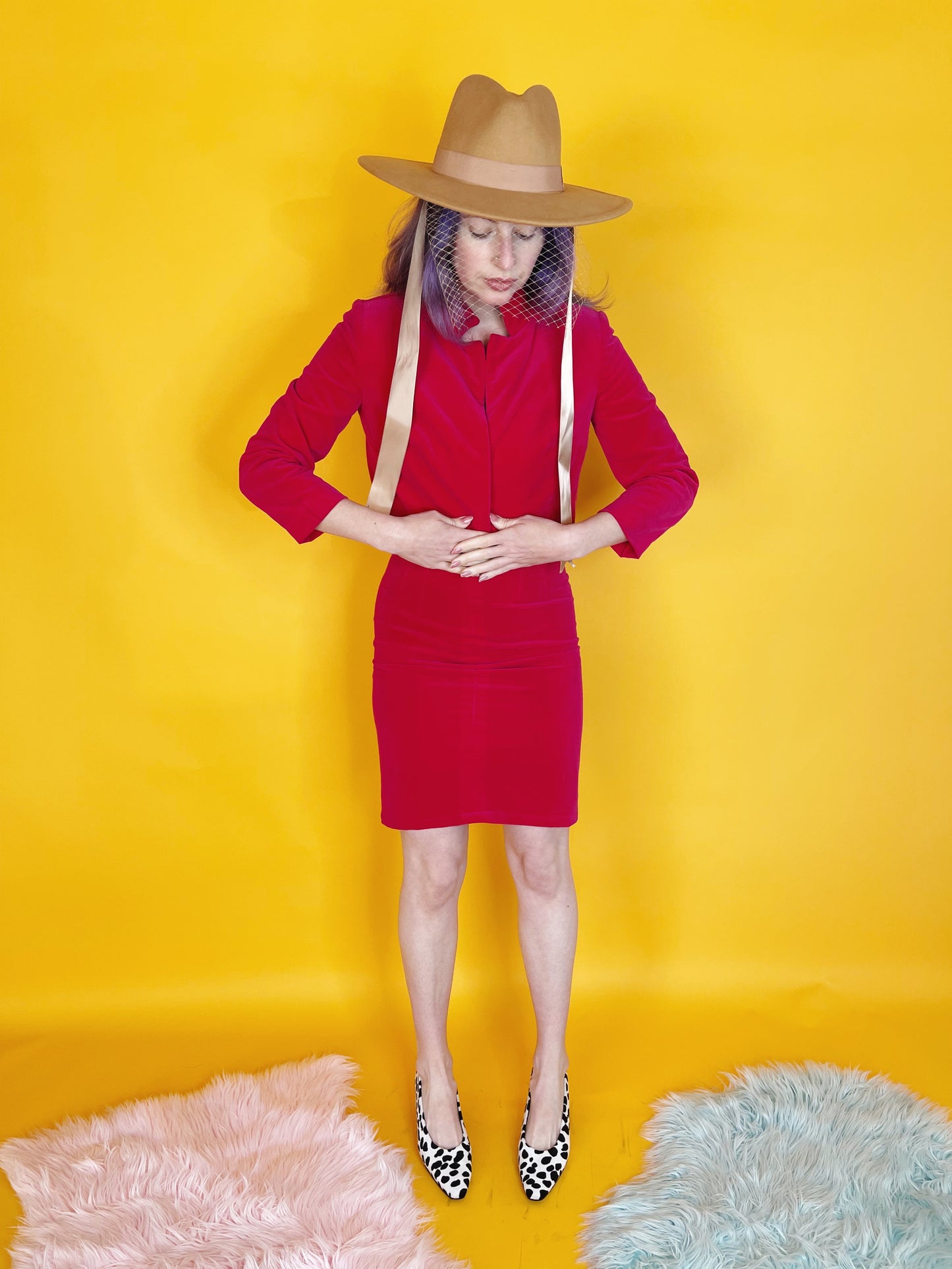 Vintage 60s Hot Pink Velvet Blazer Pencil Skirt Set Fits Sizes XXS-XS