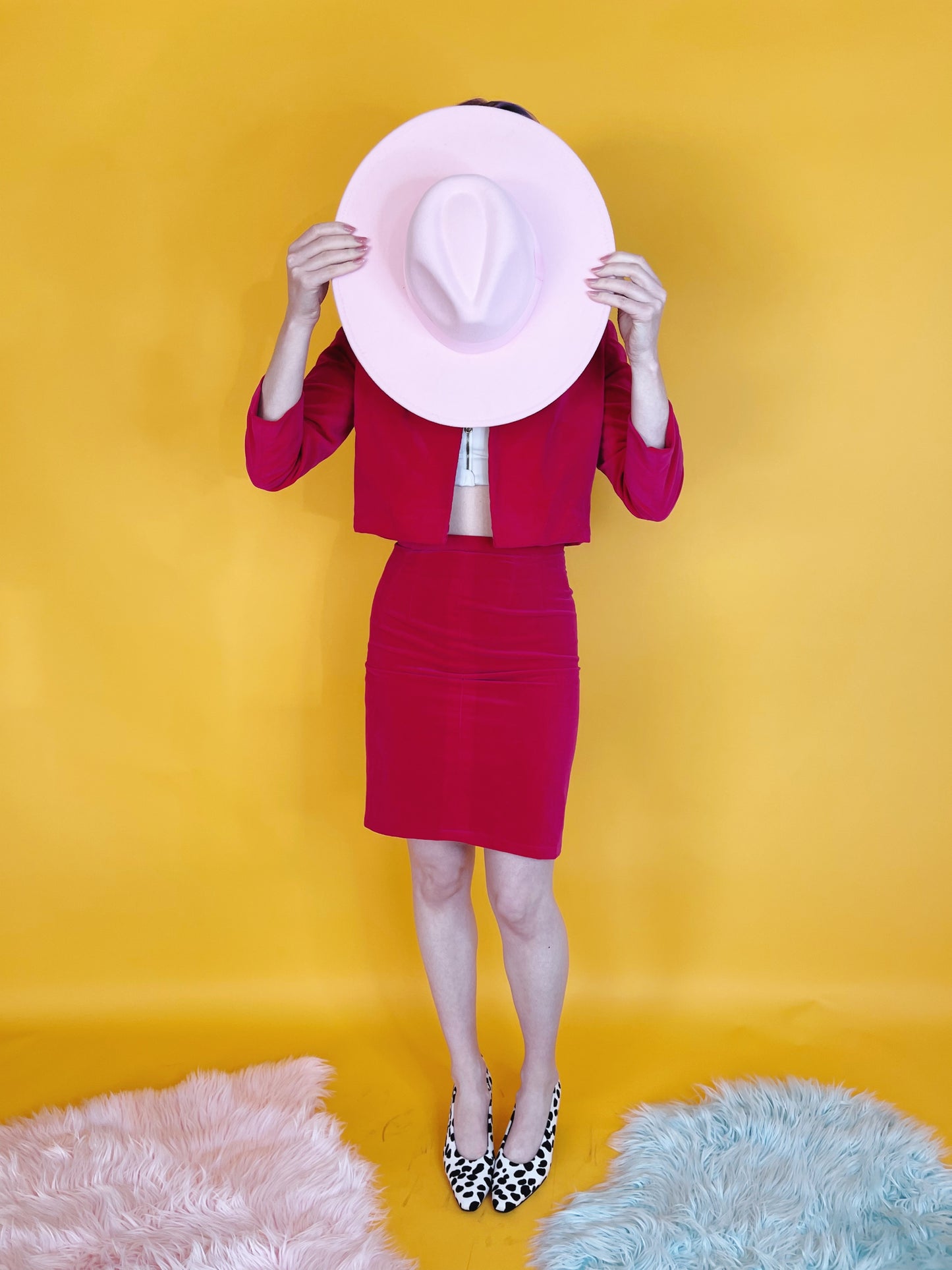 Vintage 60s Hot Pink Velvet Blazer Pencil Skirt Set Fits Sizes XXS-XS