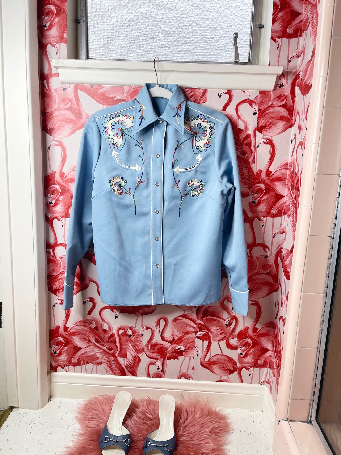 Vintage 60s H Bar C California Ranchwear Western Rainbow Floral Chainstitch Pearl Snap Button Down Fits Sizes S-M