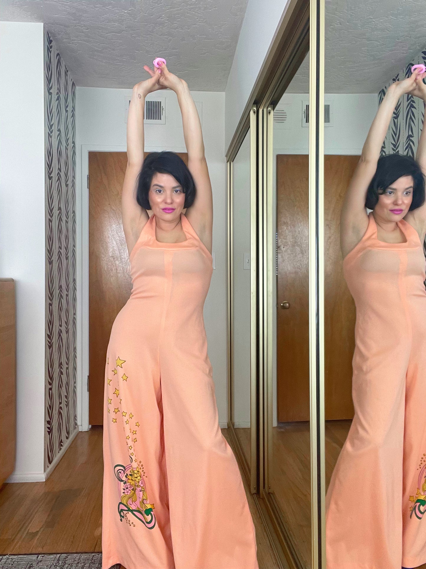 Vintage 60s / 70s Peachy Pink Star Female Floral Novelty Print Halter Jumpsuit Fits Sizes XS-M