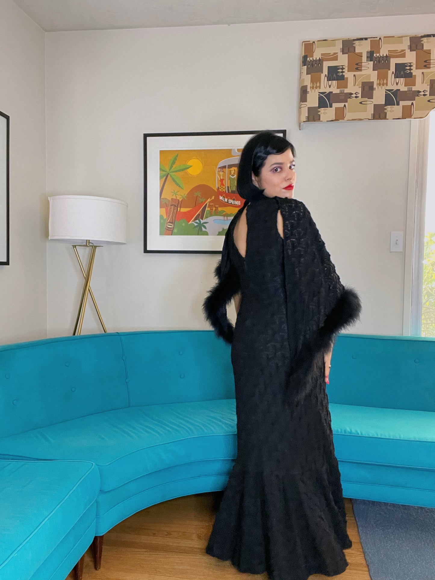 Vintage 60s Black Fitted Dress Basket Weave Chenille Mermaid Bottom Matching Marabou Shawl fits sizes XS-M