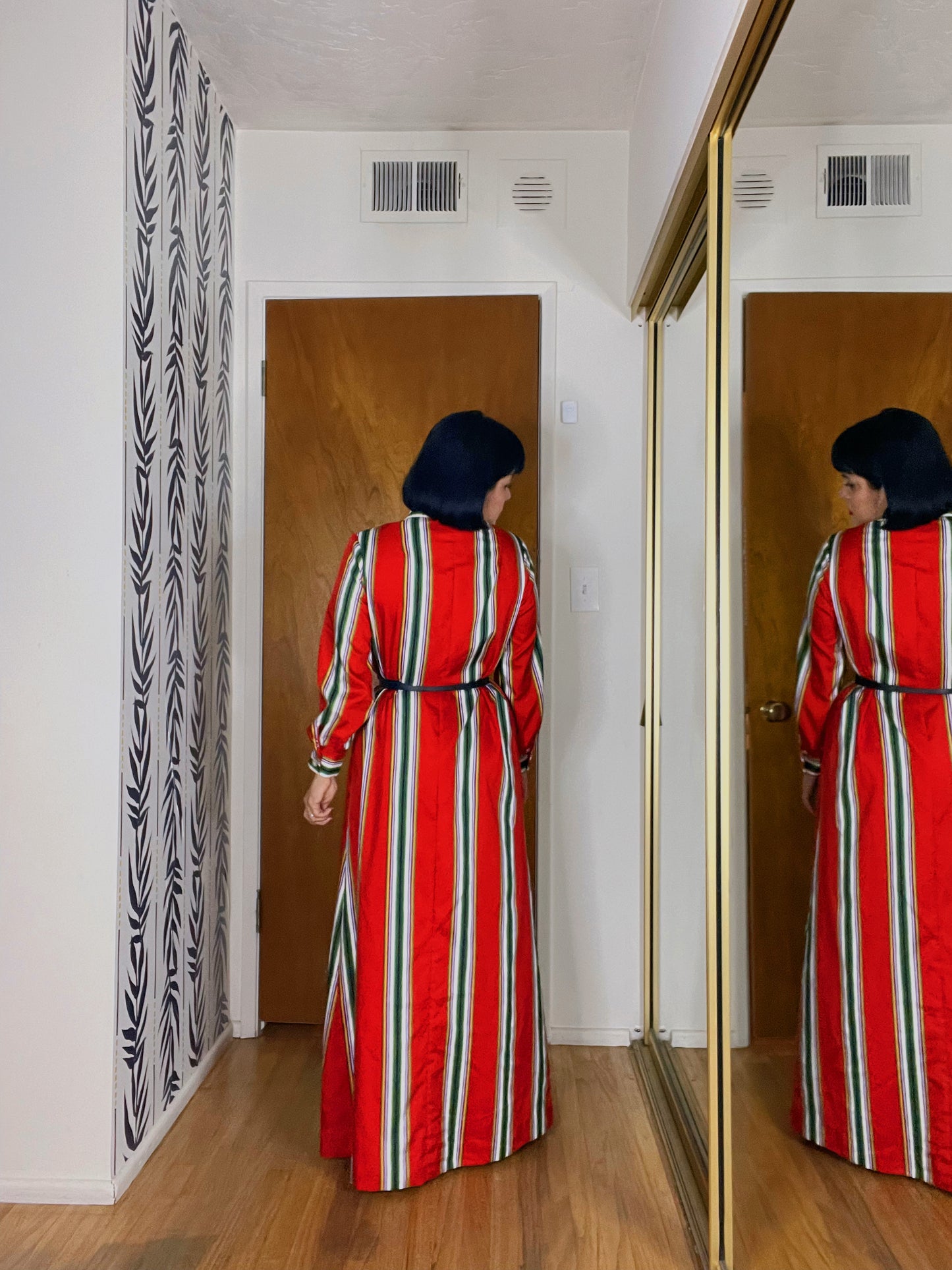 Vintage 60s/70s Striped Red Dagger Collar Button Maxi Dress Fits Sizes XS-M