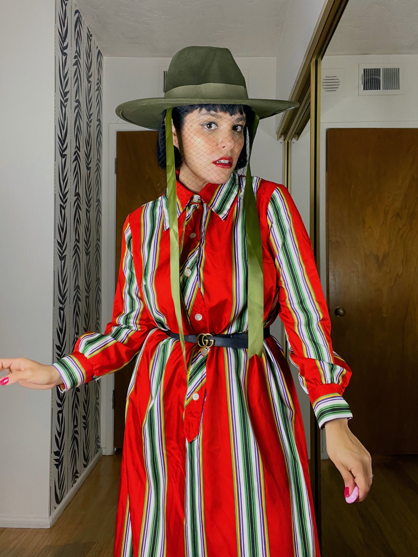 Vintage 60s/70s Striped Red Dagger Collar Button Maxi Dress Fits Sizes XS-M