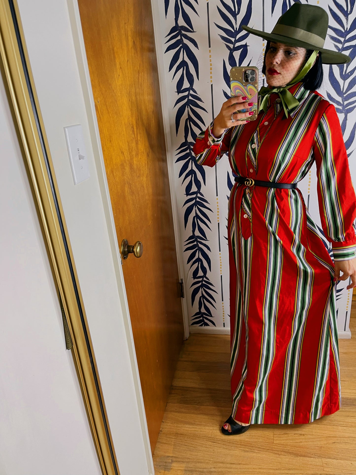 Vintage 60s/70s Striped Red Dagger Collar Button Maxi Dress Fits Sizes XS-M