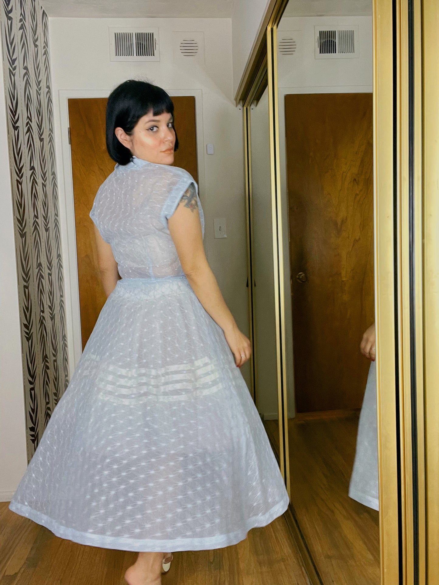 Vintage 50s / 60s Powder Blue Sheer Round Collar Button Down Embroidered Floral Design Midi Dress Fits Sizes S-M