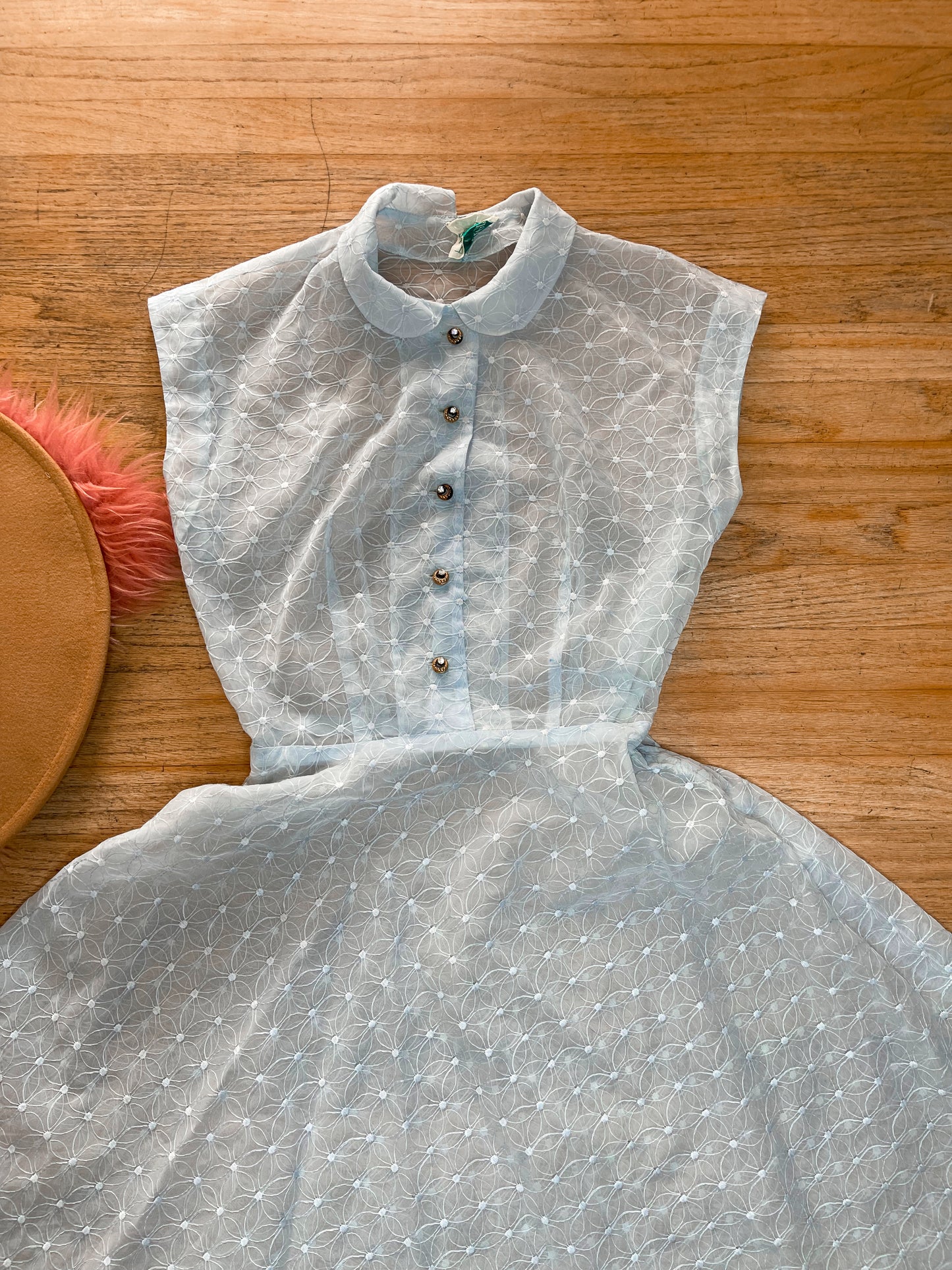 Vintage 50s / 60s Powder Blue Sheer Round Collar Button Down Embroidered Floral Design Midi Dress Fits Sizes S-M