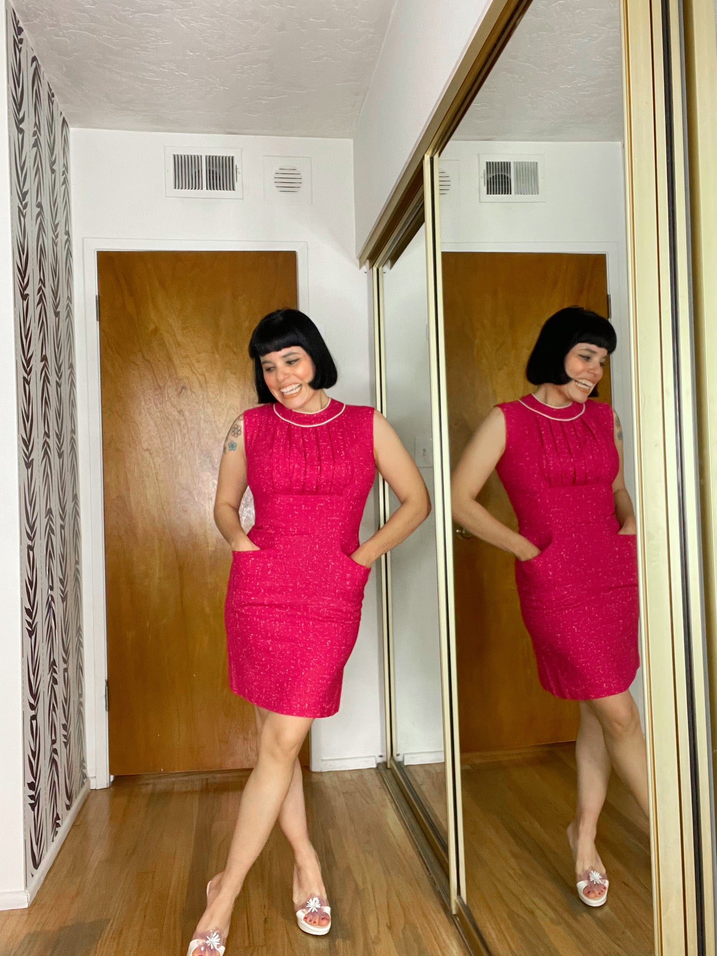 Vintage 50s / 60s Pink White Speckled Print Cotton Linen Wiggle Dress Set Fits Sizes XXS-SM