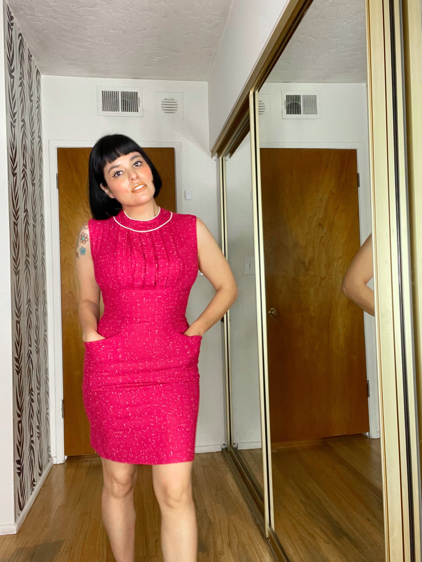 Vintage 50s / 60s Pink White Speckled Print Cotton Linen Wiggle Dress Set Fits Sizes XXS-SM