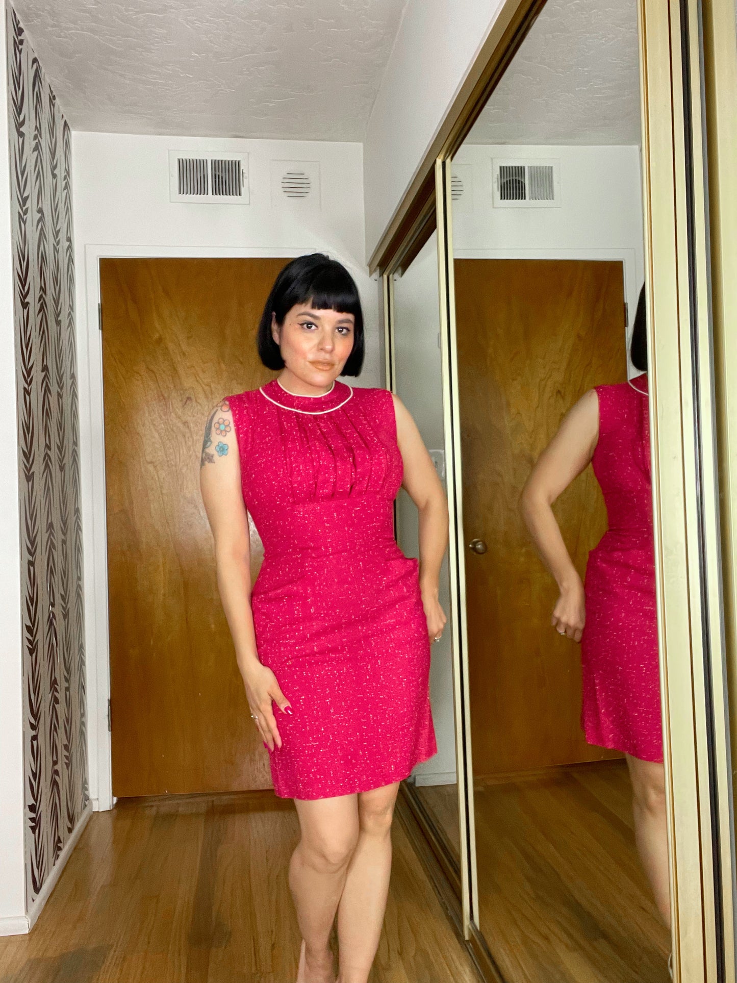 Vintage 50s / 60s Pink White Speckled Print Cotton Linen Wiggle Dress Set Fits Sizes XXS-SM