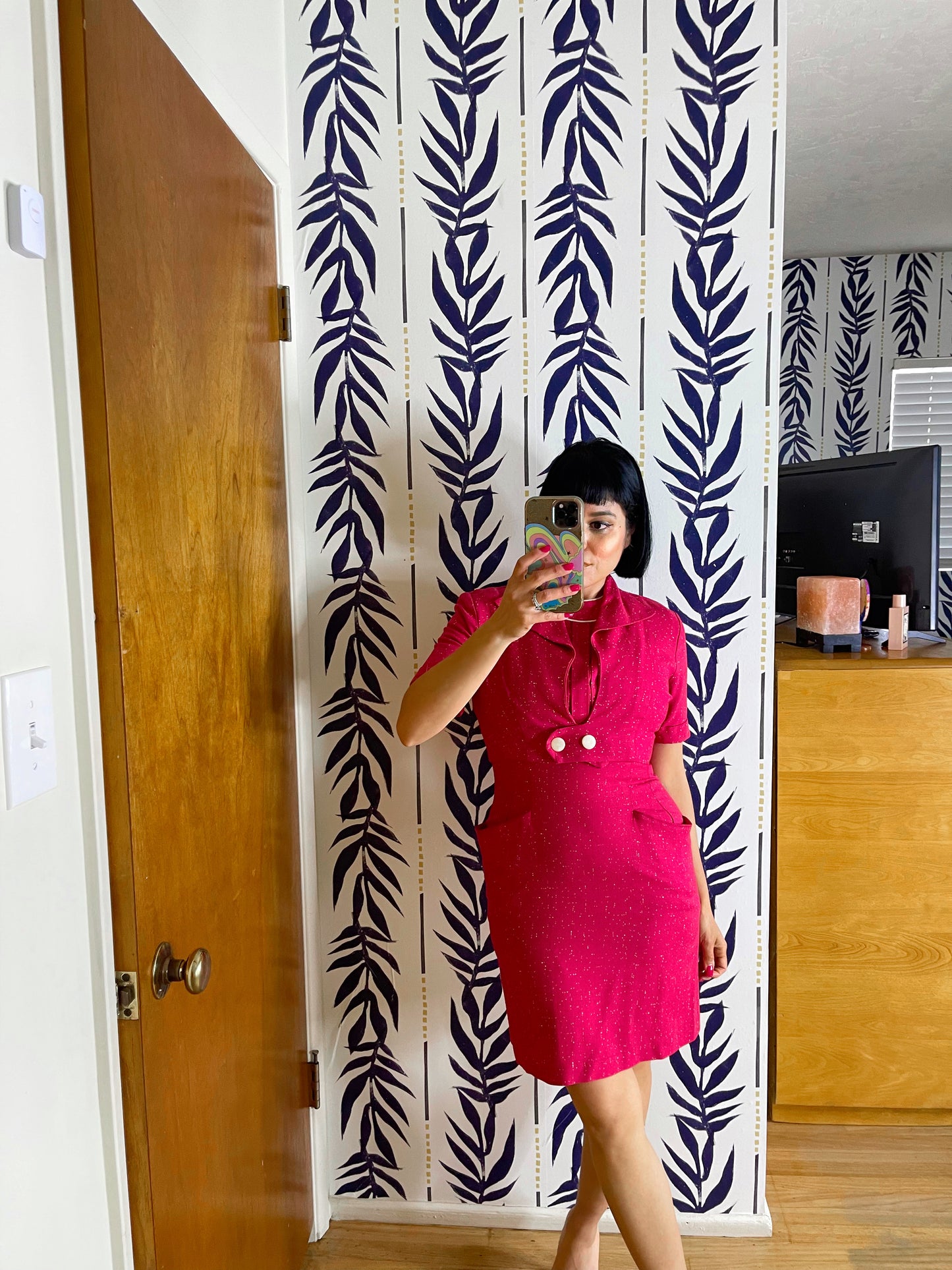 Vintage 50s / 60s Pink White Speckled Print Cotton Linen Wiggle Dress Set Fits Sizes XXS-SM