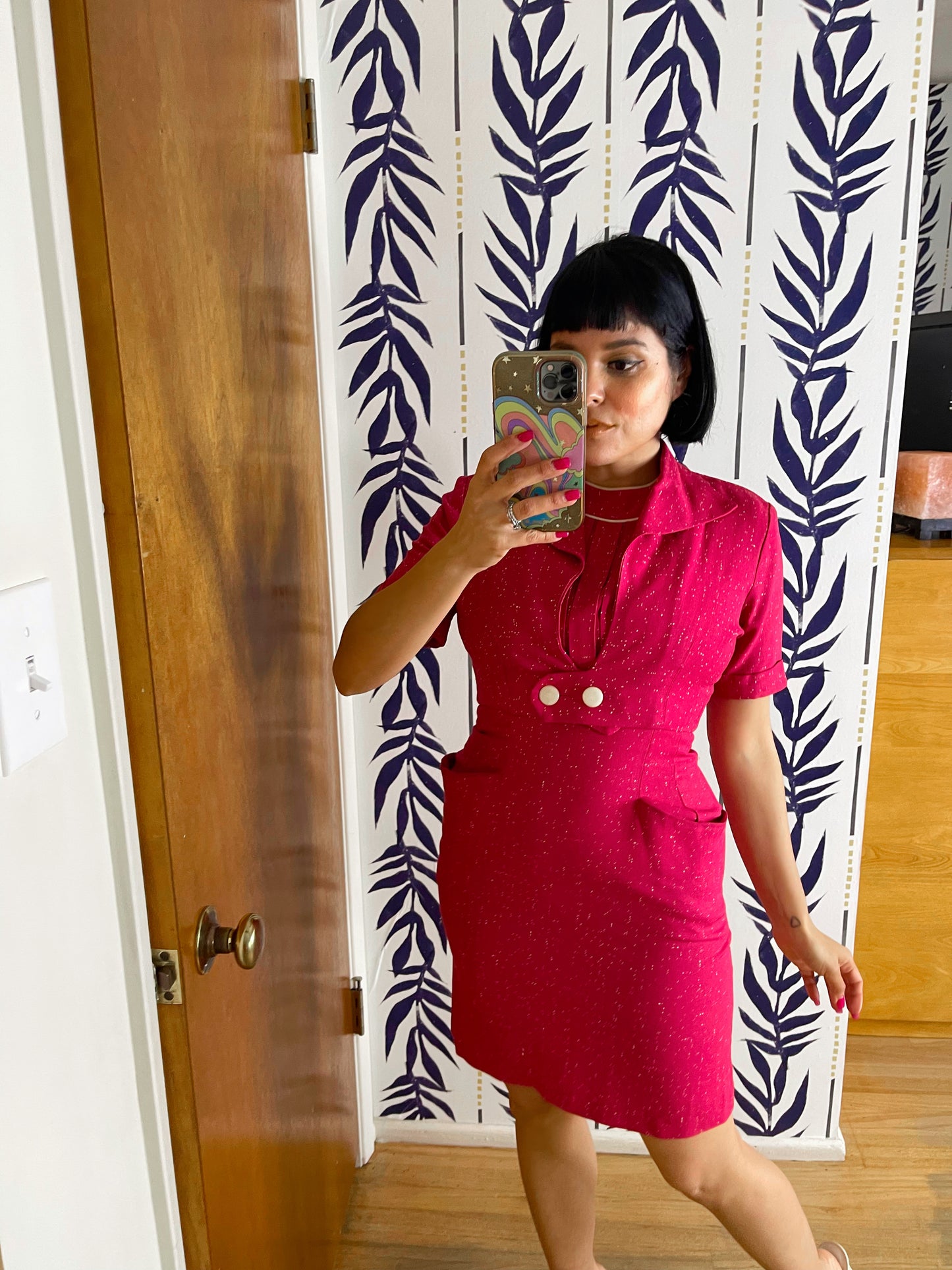 Vintage 50s / 60s Pink White Speckled Print Cotton Linen Wiggle Dress Set Fits Sizes XXS-SM