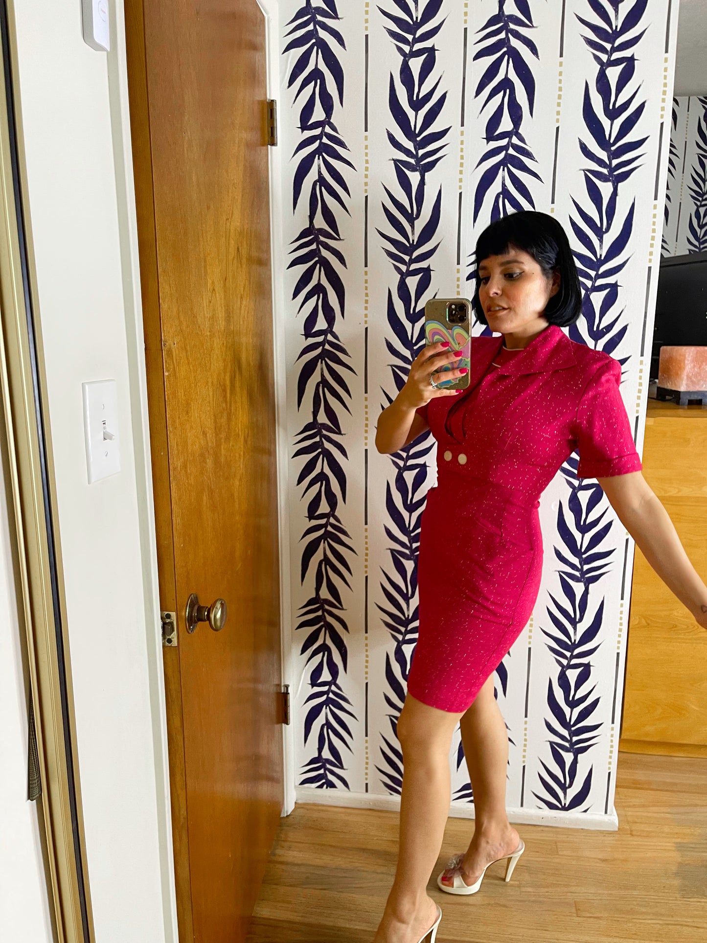 Vintage 50s / 60s Pink White Speckled Print Cotton Linen Wiggle Dress Set Fits Sizes XXS-SM