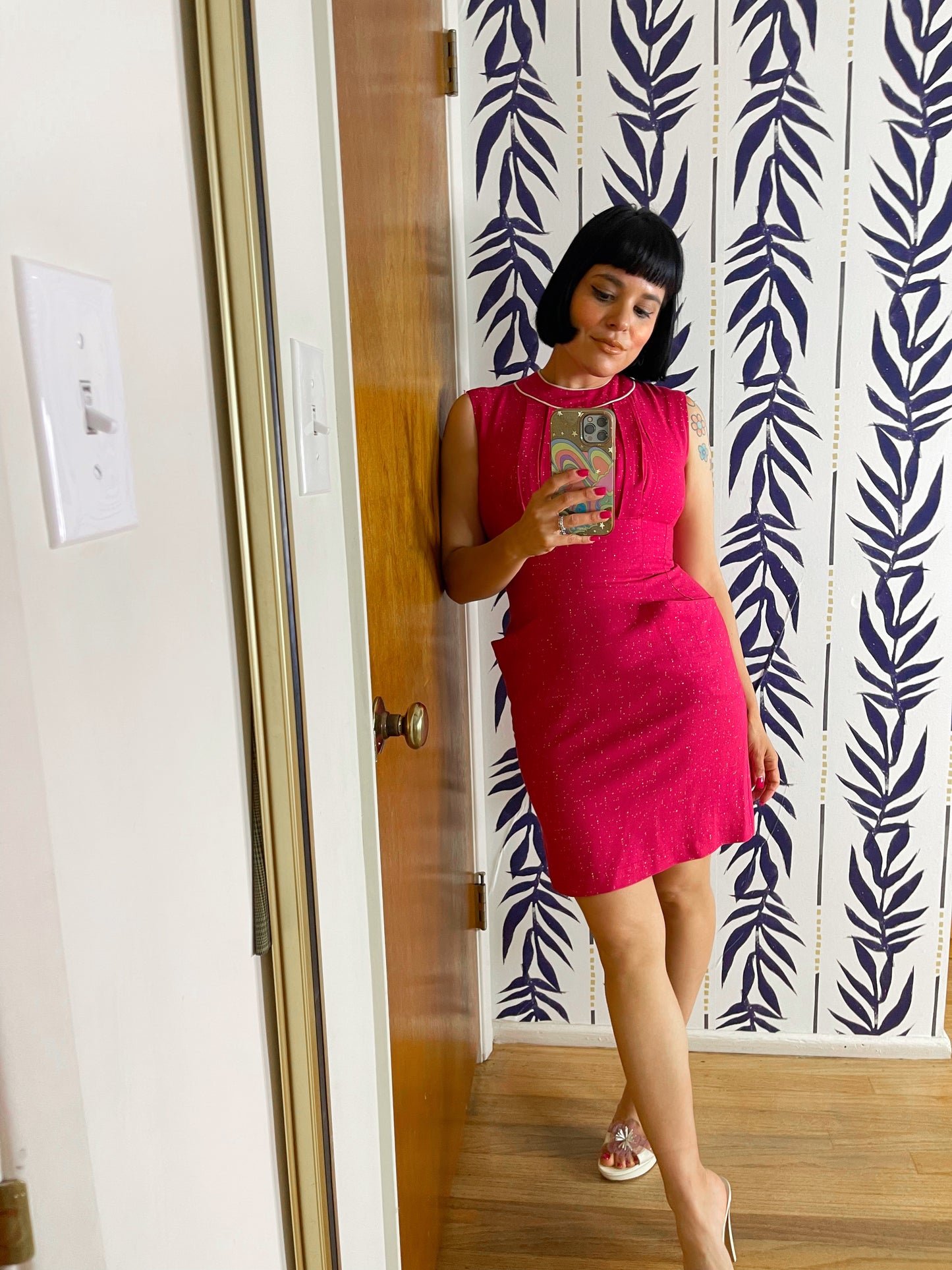 Vintage 50s / 60s Pink White Speckled Print Cotton Linen Wiggle Dress Set Fits Sizes XXS-SM