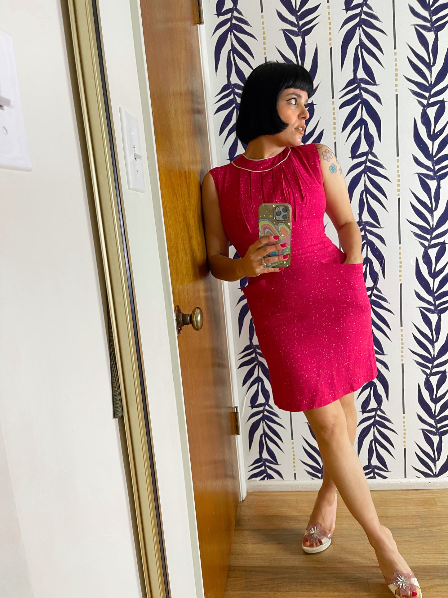 Vintage 50s / 60s Pink White Speckled Print Cotton Linen Wiggle Dress Set Fits Sizes XXS-SM